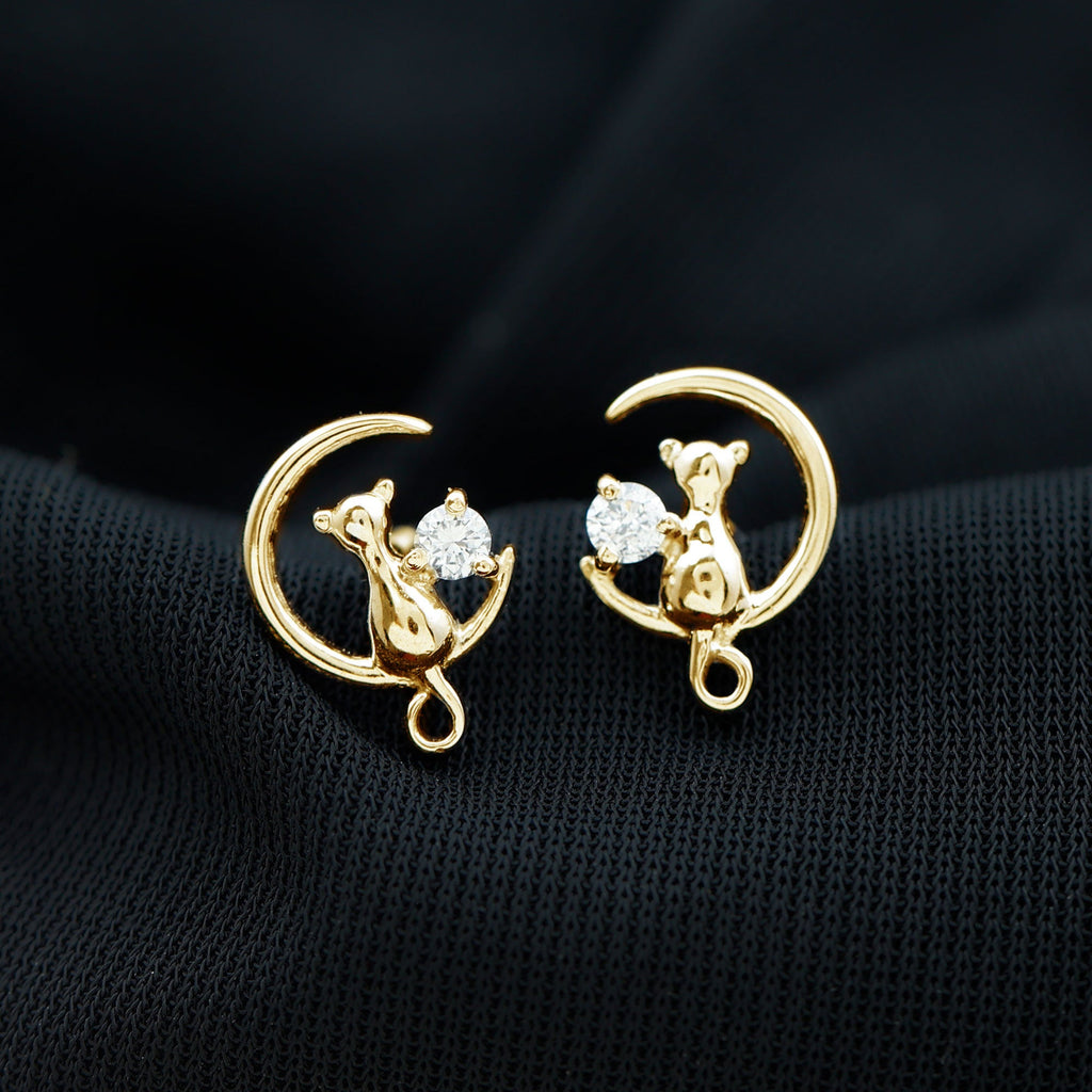 Diamond Cat Moon Stud Earrings for Women