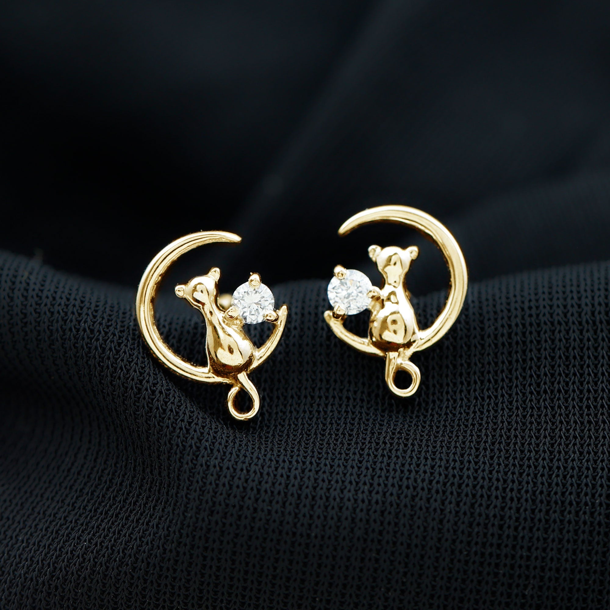 Diamond Cat Moon Stud Earrings for Women