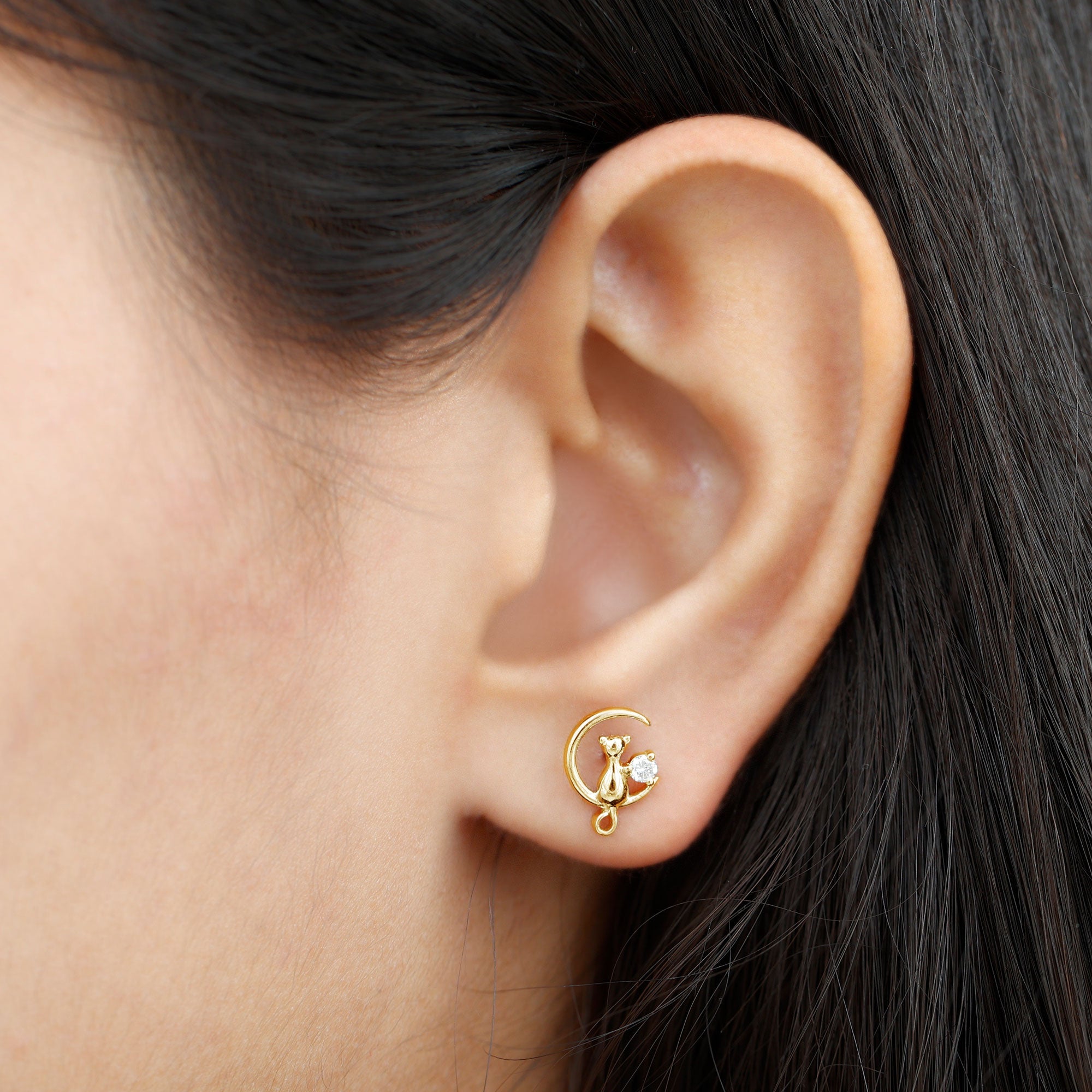 Diamond Cat Moon Stud Earrings for Women