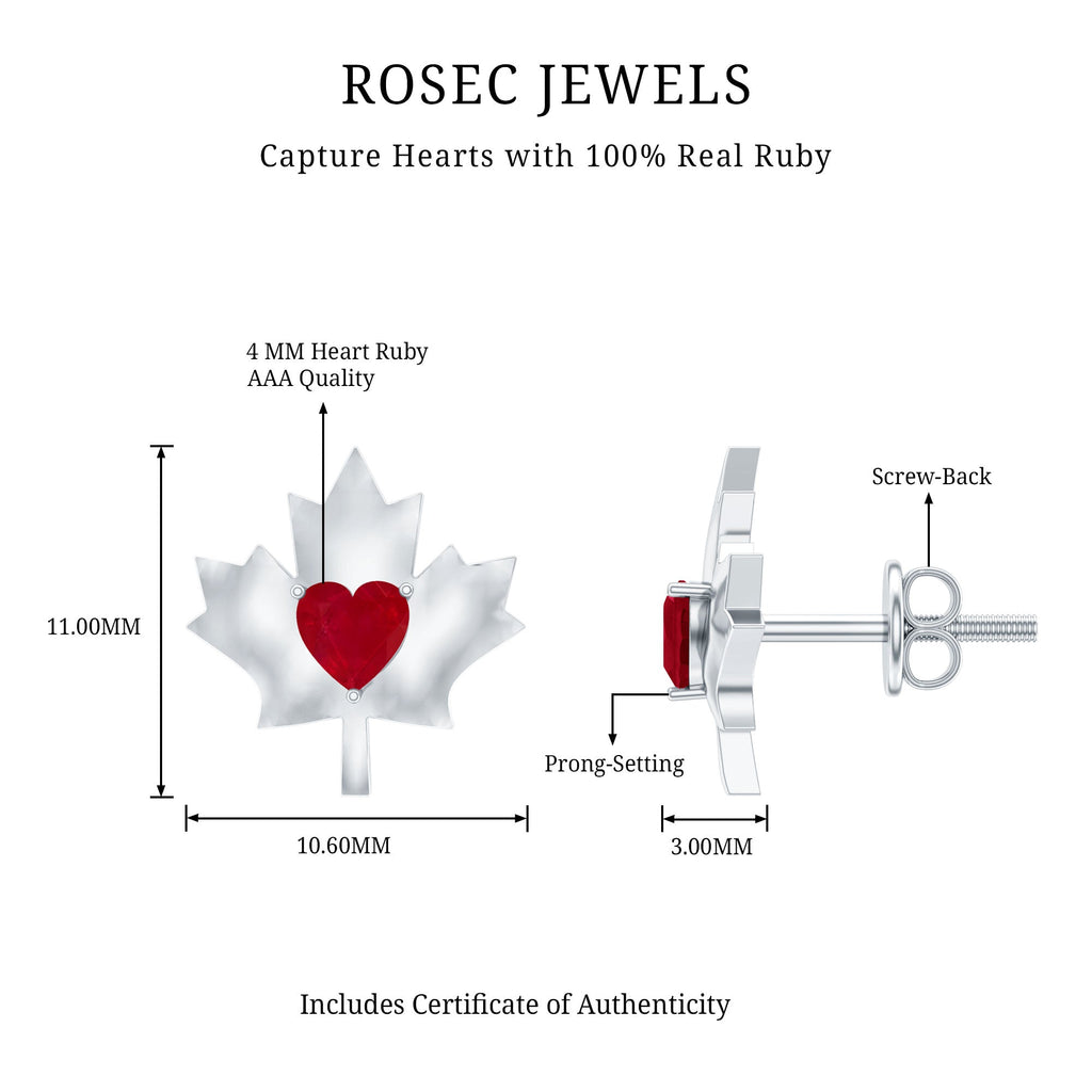 1 CT Heart Shape Ruby Maple Leaf Stud Earrings
