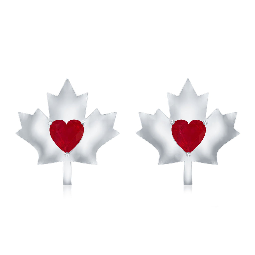1 CT Heart Shape Ruby Maple Leaf Stud Earrings