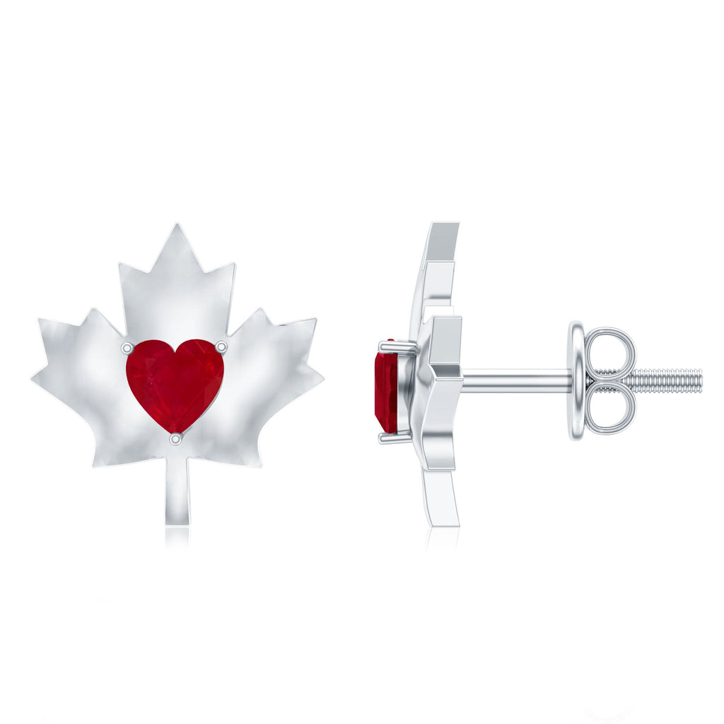 1 CT Heart Shape Ruby Maple Leaf Stud Earrings