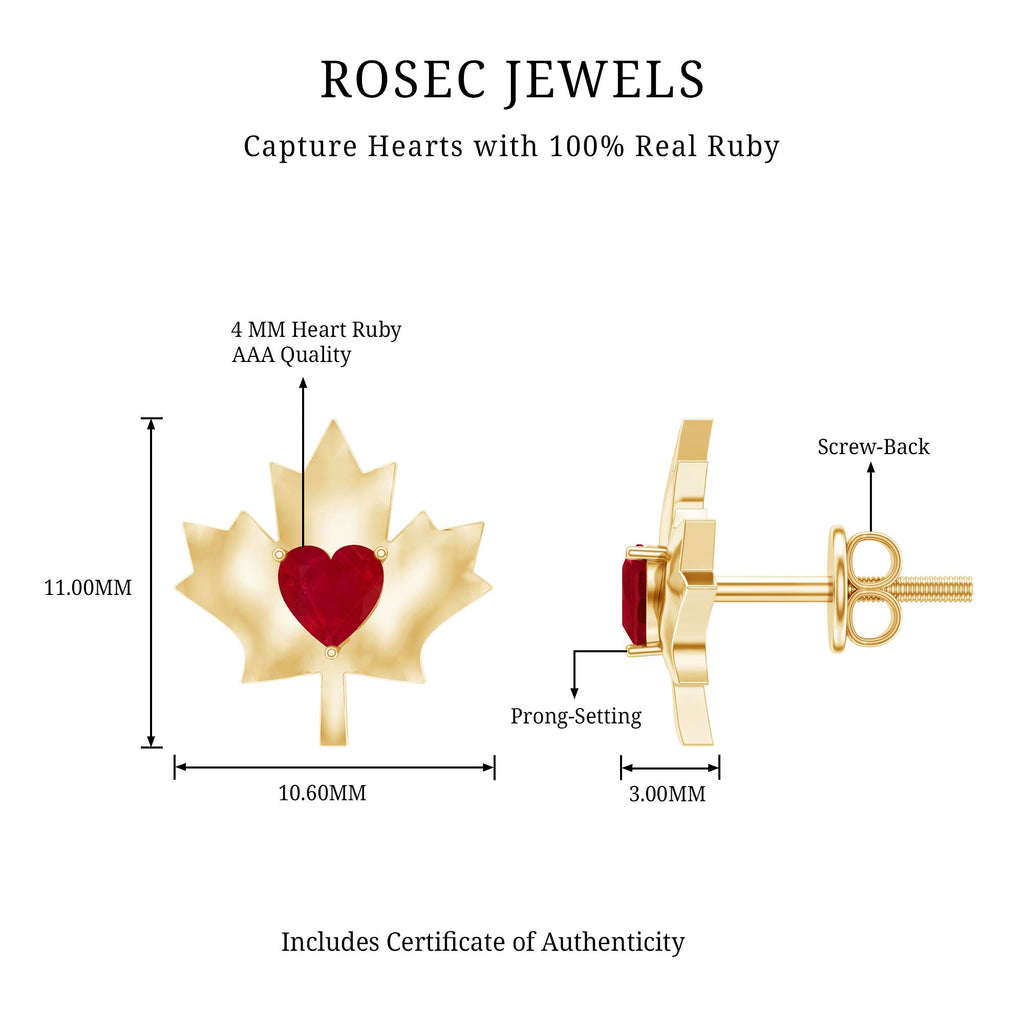 1 CT Heart Shape Ruby Maple Leaf Stud Earrings