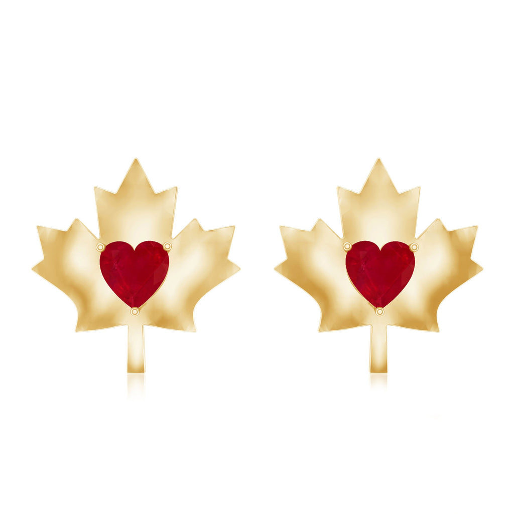 1 CT Heart Shape Ruby Maple Leaf Stud Earrings