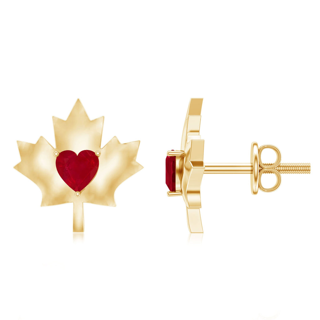1 CT Heart Shape Ruby Maple Leaf Stud Earrings