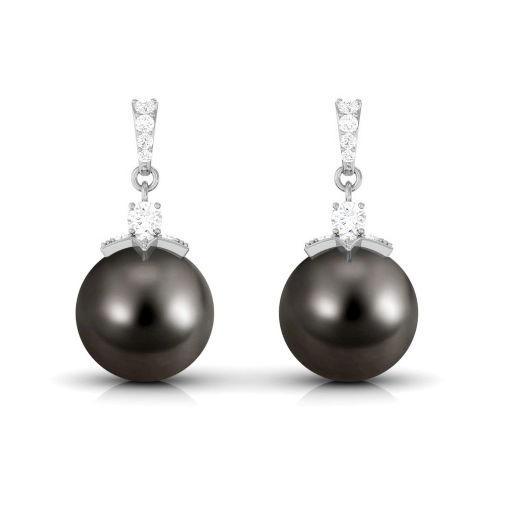 Cultured 16 Carat Black Tahitian Pearl Bridal Drop Earrings with Diamond