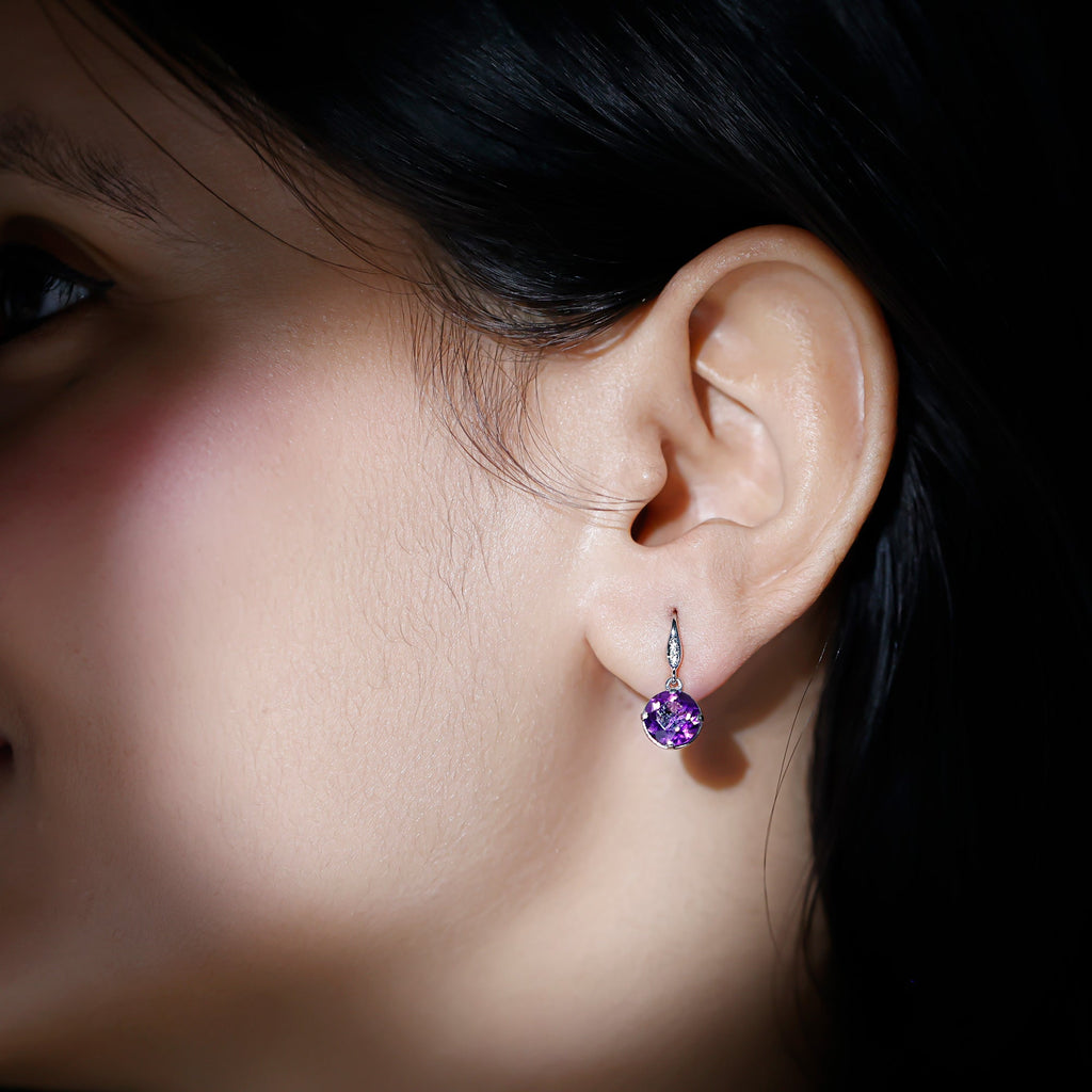 Natural 2.4 Carat Amethyst Solitaire Drop Earrings with Diamond