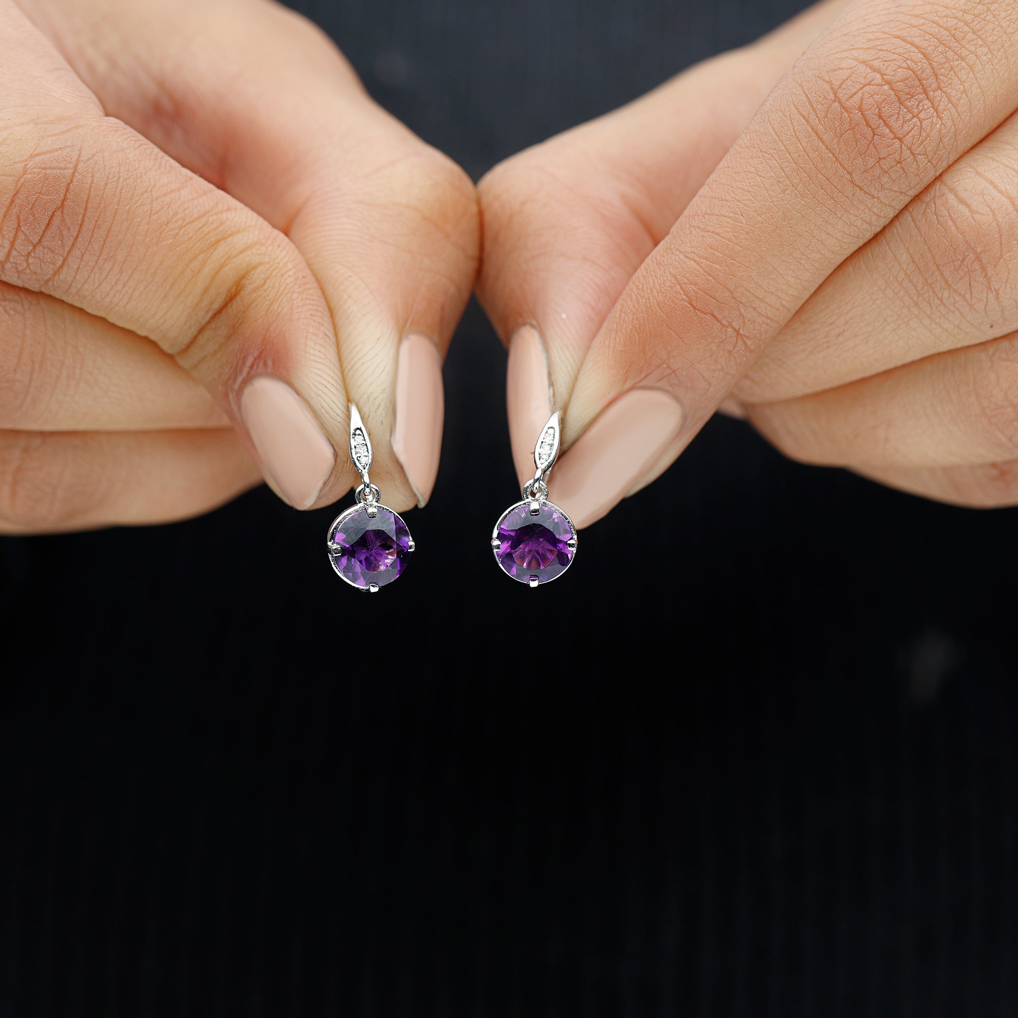 Natural 2.4 Carat Amethyst Solitaire Drop Earrings with Diamond