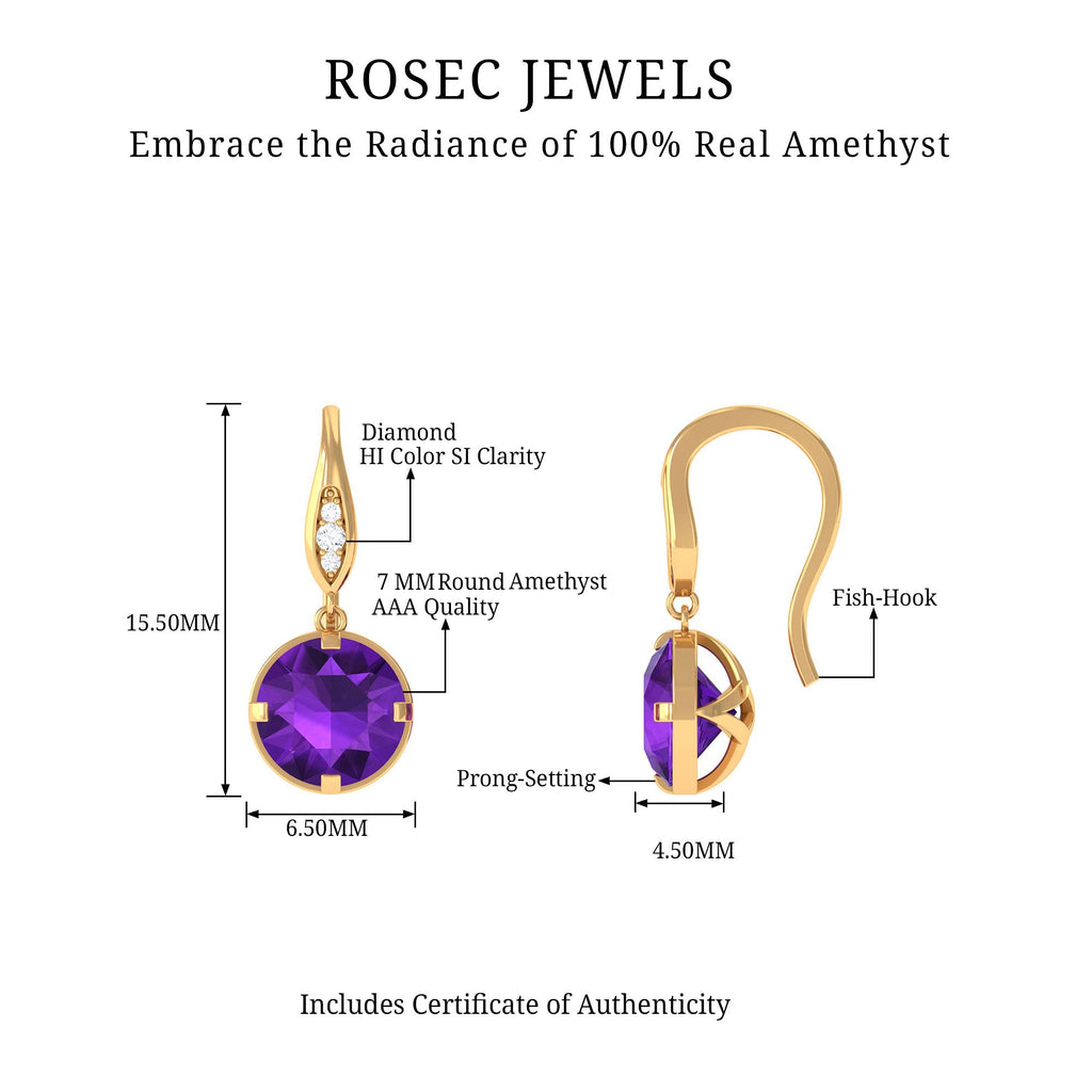 Natural 2.4 Carat Amethyst Solitaire Drop Earrings with Diamond