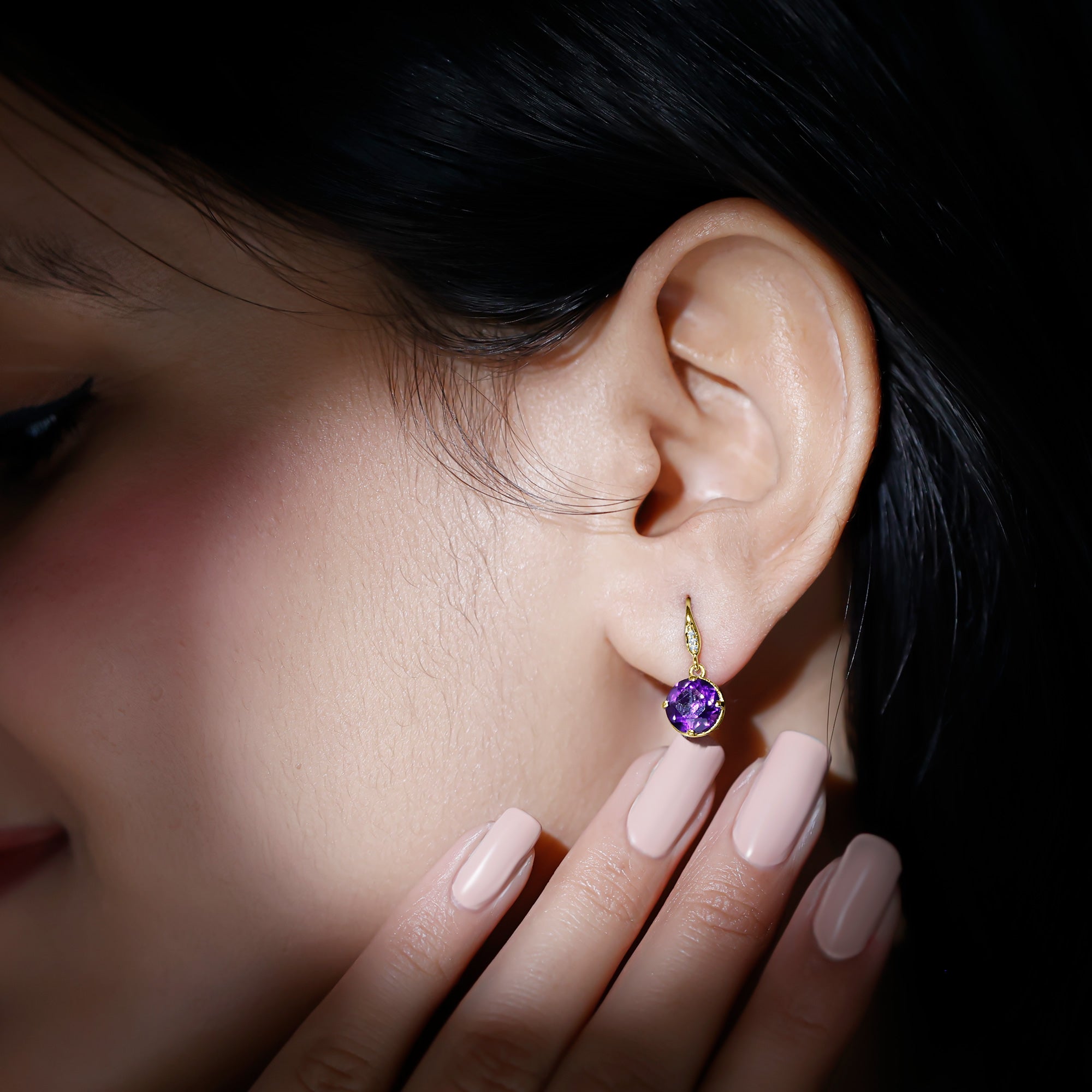 Natural 2.4 Carat Amethyst Solitaire Drop Earrings with Diamond