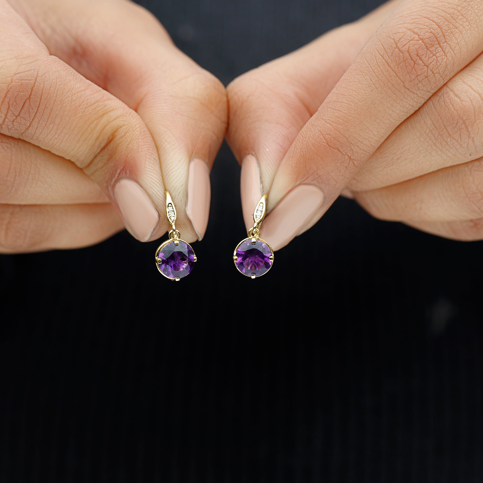 Natural 2.4 Carat Amethyst Solitaire Drop Earrings with Diamond