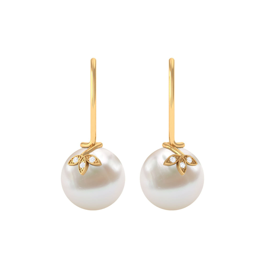 Cultured 10mm Freshwater Pearl Diamond Drop Earrings with Fish Hook