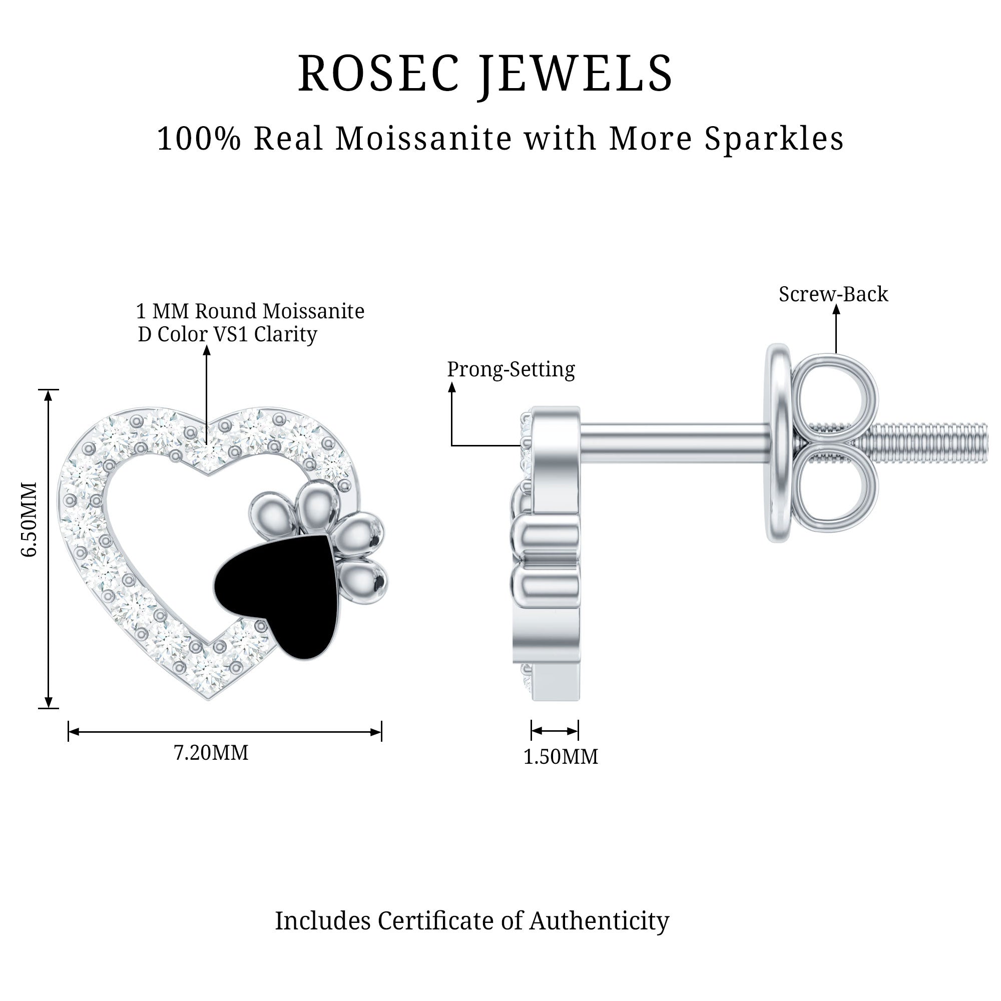 Moissanite Heart and Paw Stud Earrings with Enamel