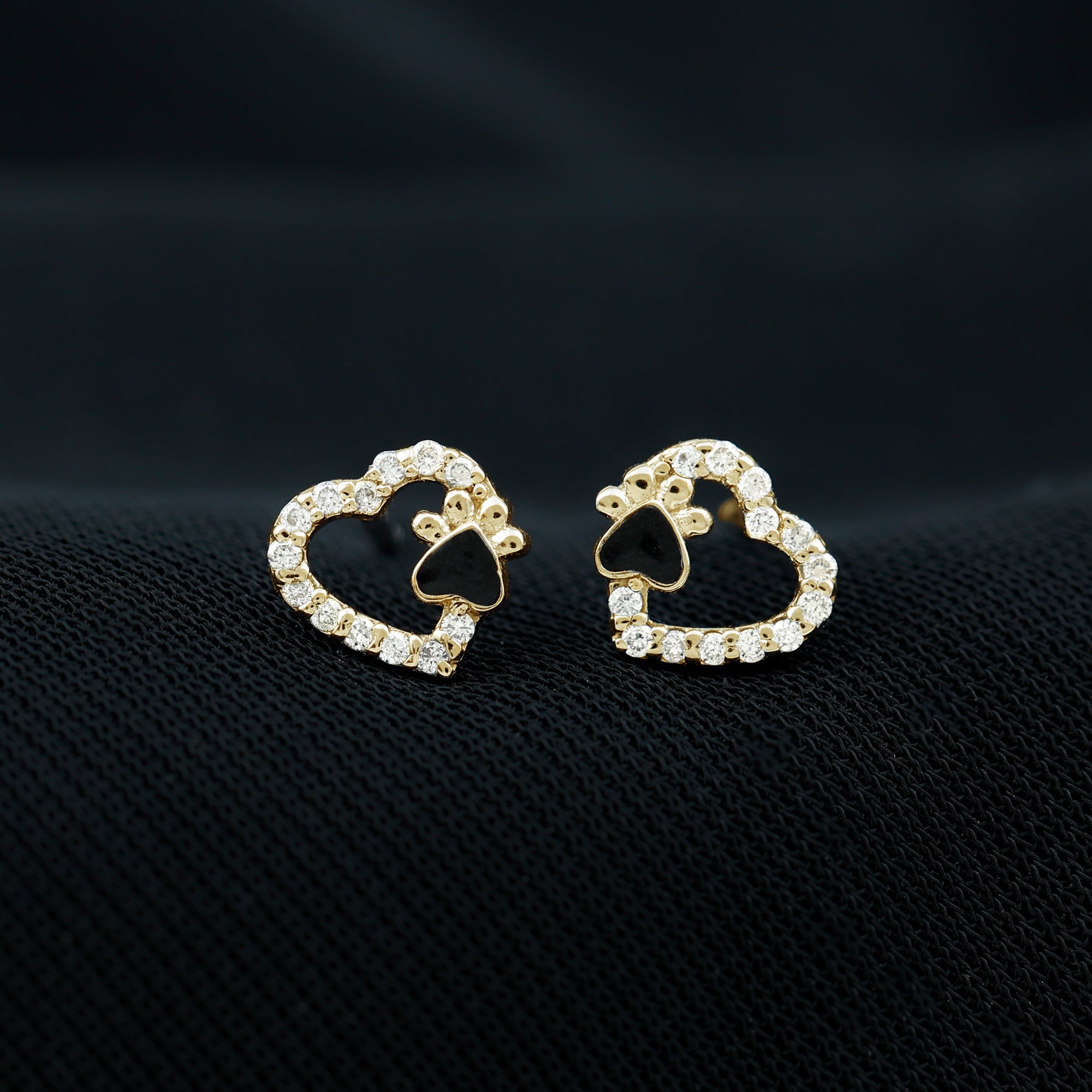 Moissanite Heart and Paw Stud Earrings with Enamel