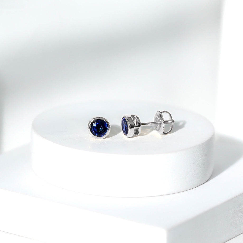 Solitaire 5MM Lab Created Blue Sapphire Stud Earrings in Bezel Setting