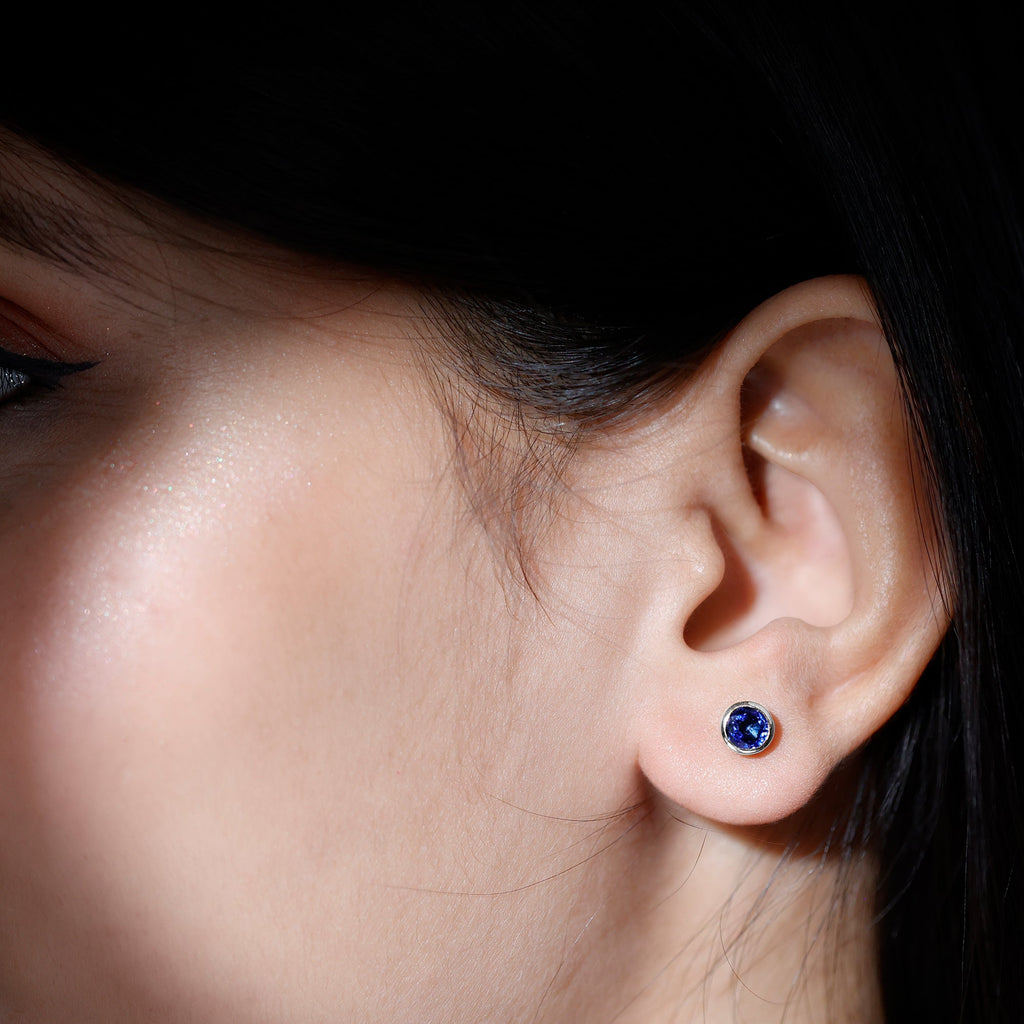 Solitaire 5MM Lab Created Blue Sapphire Stud Earrings in Bezel Setting