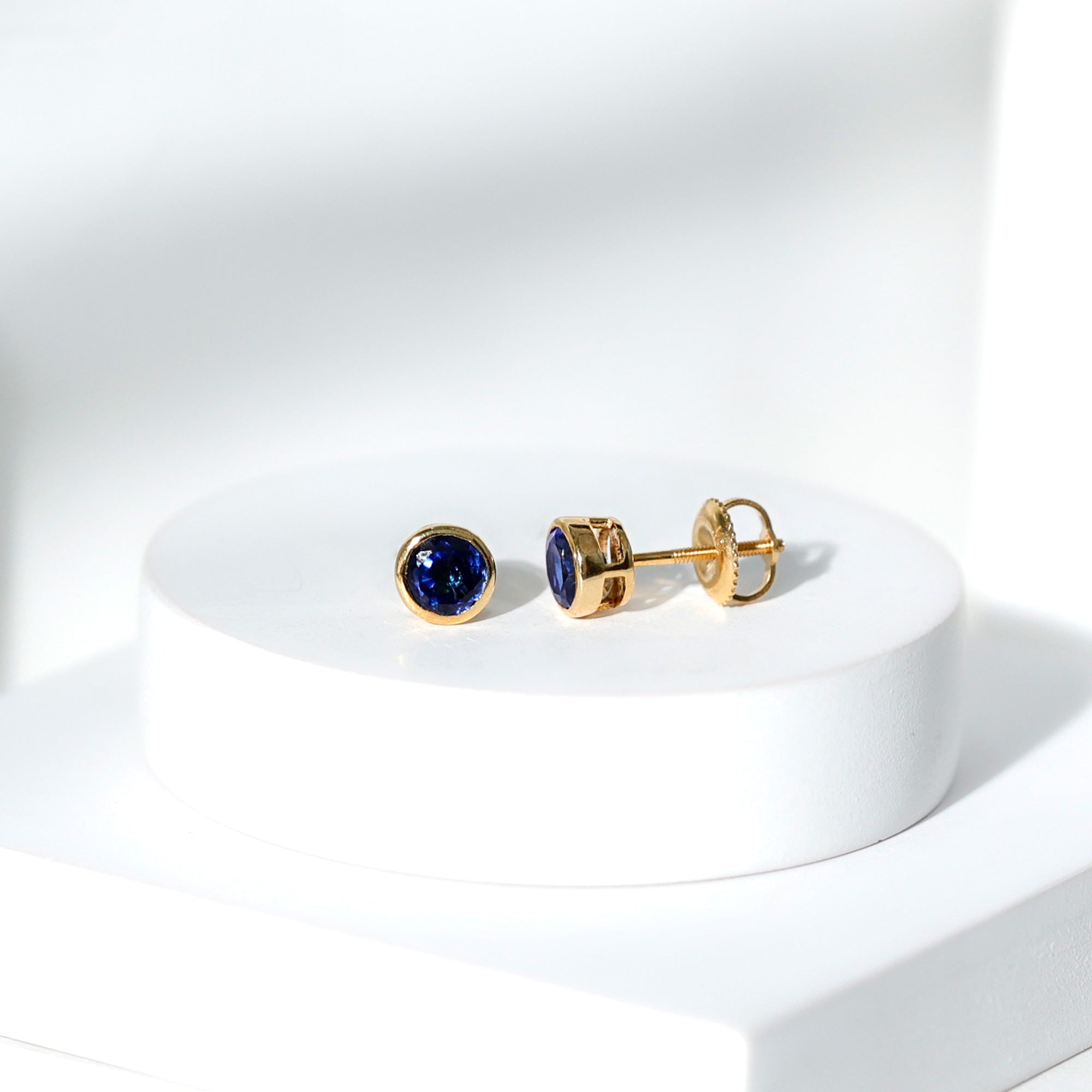 Solitaire 5MM Lab Created Blue Sapphire Stud Earrings in Bezel Setting