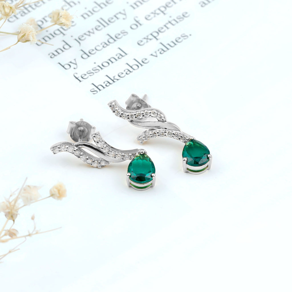 Vintage Lab Grown Emerald Teardrop Earrings with Diamond Accent