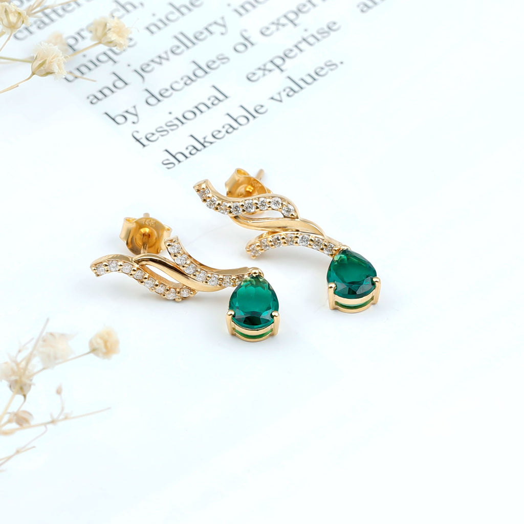 Vintage Lab Grown Emerald Teardrop Earrings with Diamond Accent