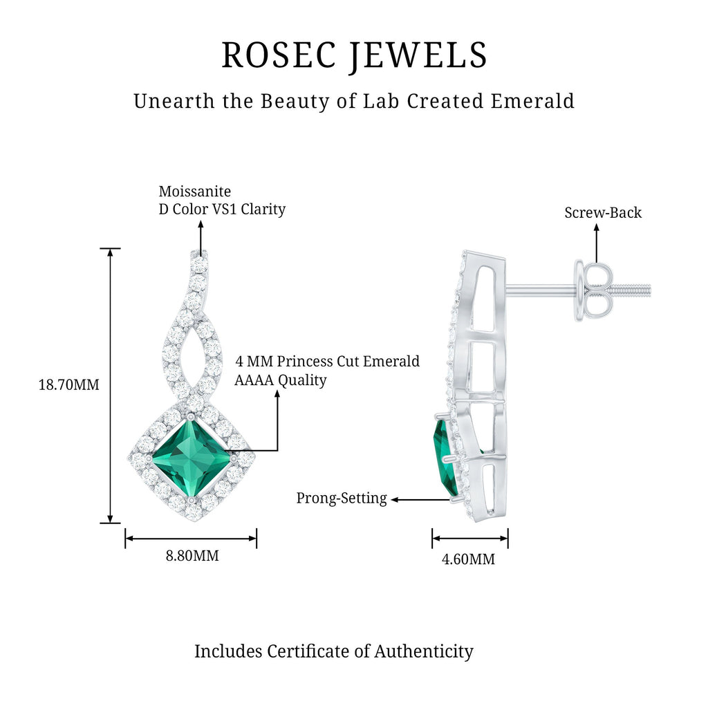 Sterling Silver 0.7 Carat Lab Grown Emerald Drop Earrings with Moissanite