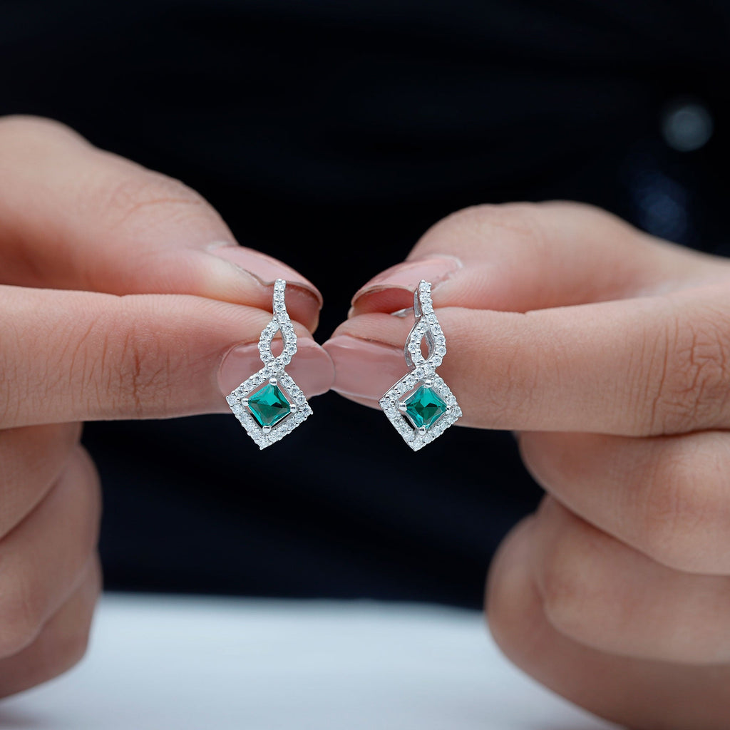 Sterling Silver 0.7 Carat Lab Grown Emerald Drop Earrings with Moissanite