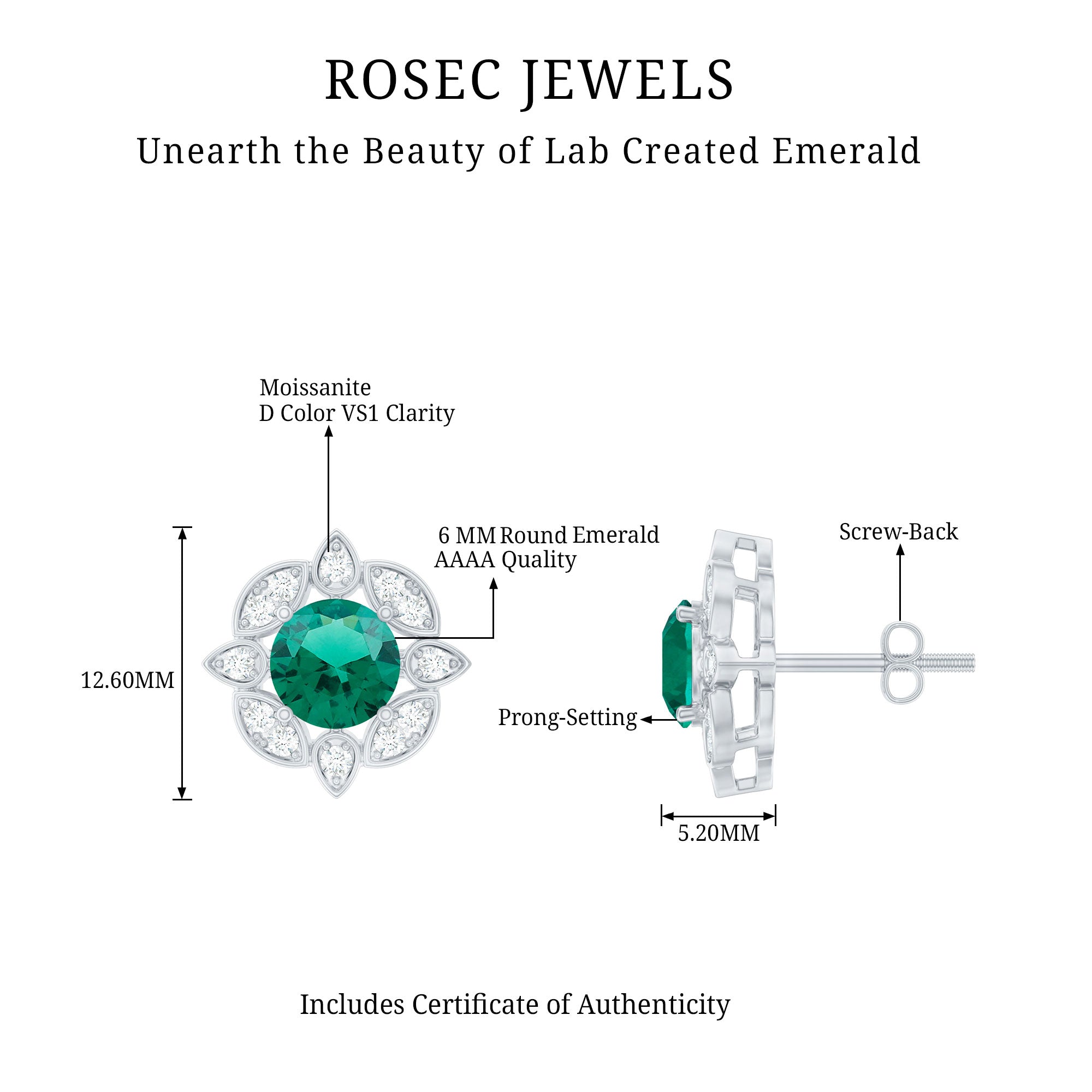1.6 Carat Lab Emerald Vintage Stud Earrings in Sterling Silver
