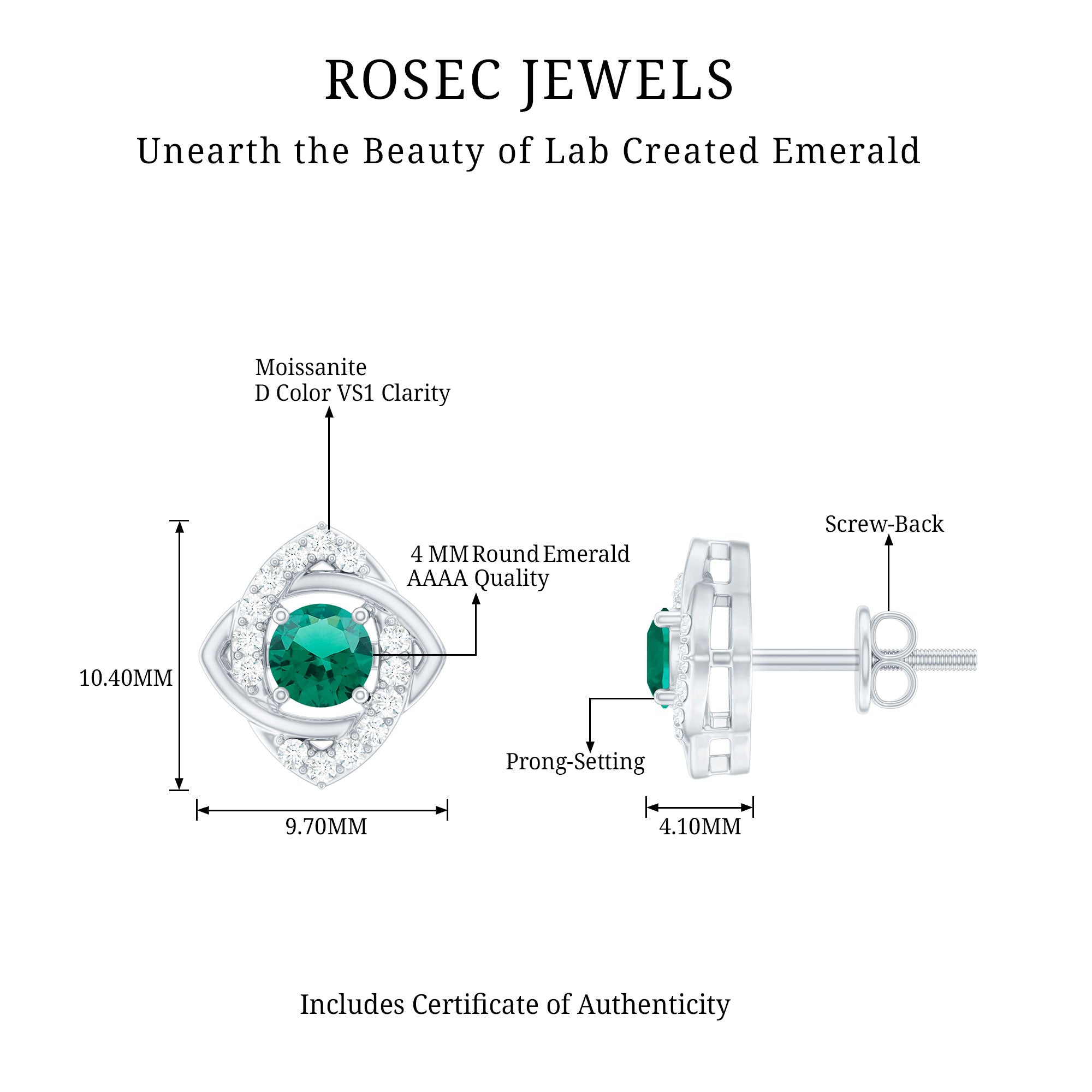 Certified Half Carat Lab Grown Emerald Stud Earrings with Moissanite