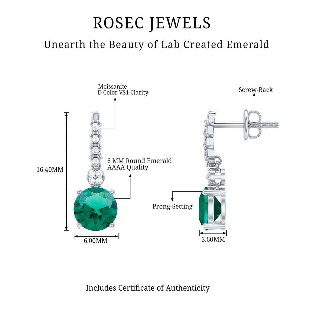 Sterling Silver 1.6 Carat Lab Grown Emerald Drop Earrings with Moissanite