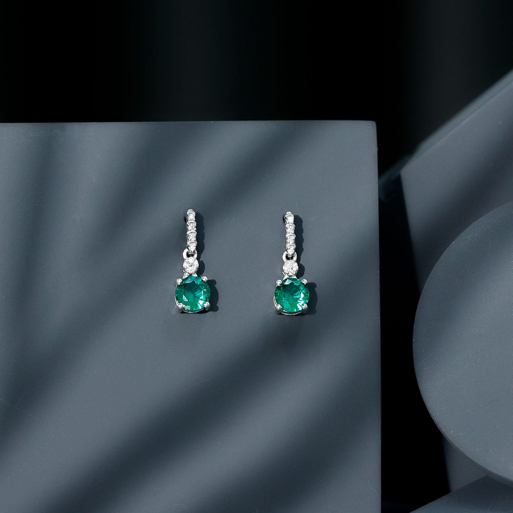 Sterling Silver 1.6 Carat Lab Grown Emerald Drop Earrings with Moissanite