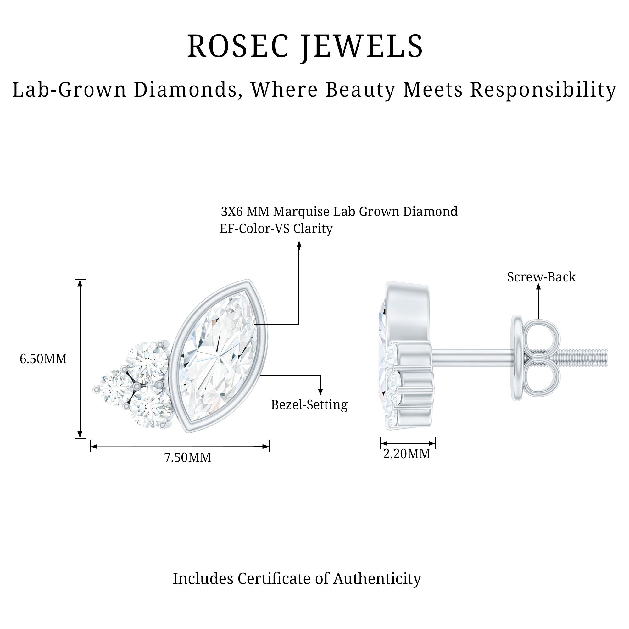 Bezel Set Lab Marquise Diamond Stud Earrings