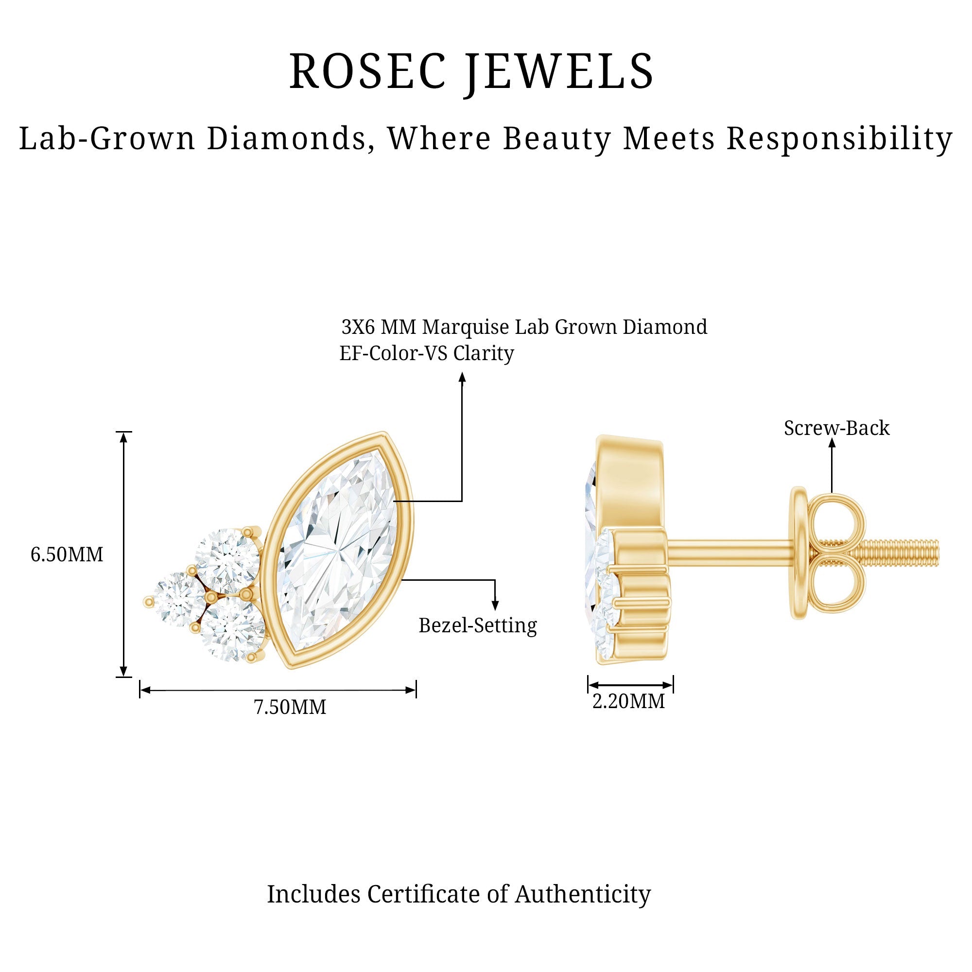 Bezel Set Lab Marquise Diamond Stud Earrings