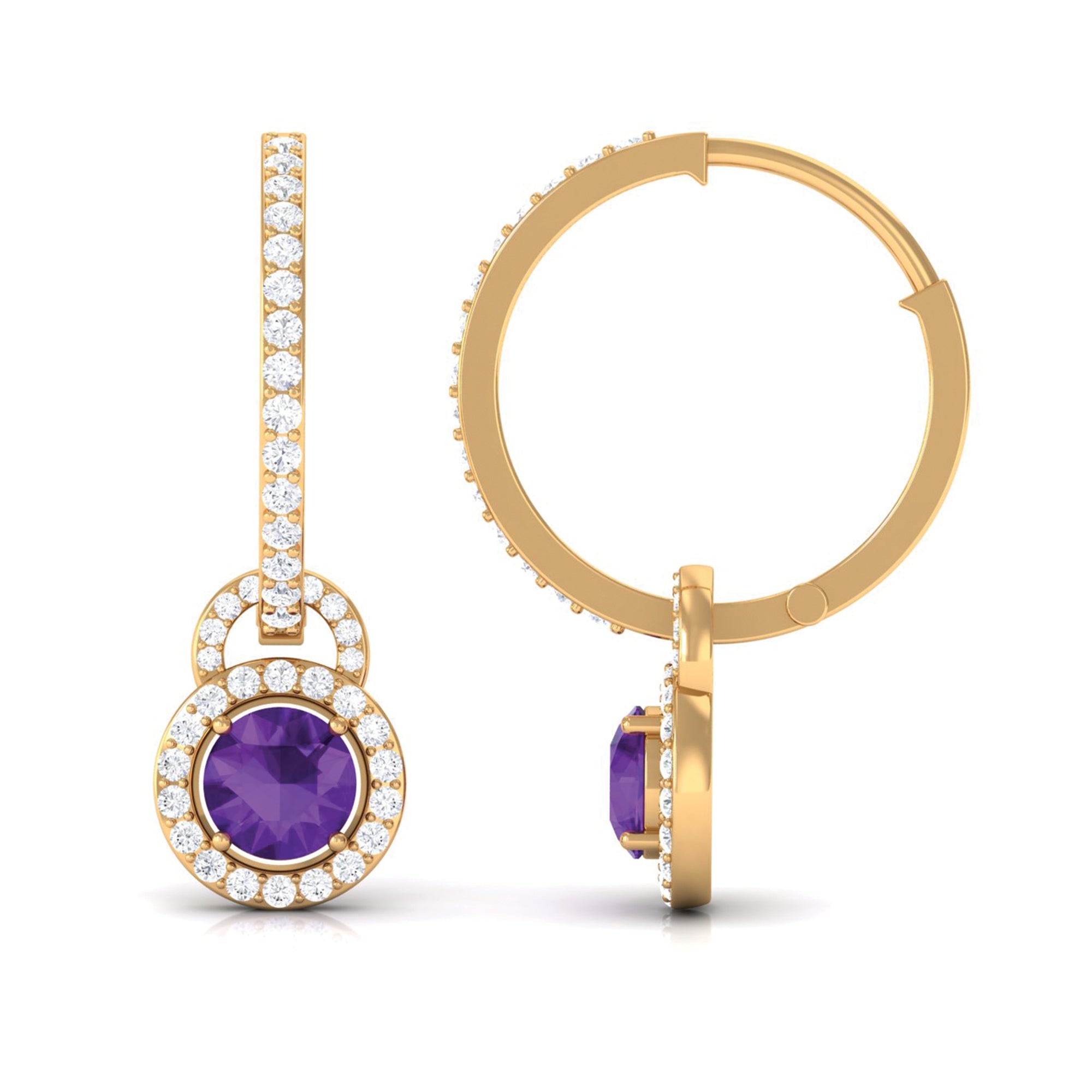 Real Amethyst Drop Hoop Earrings with Moissanite Halo