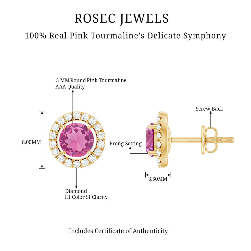 Natural Pink Tourmaline and Diamond Halo Stud Earrings
