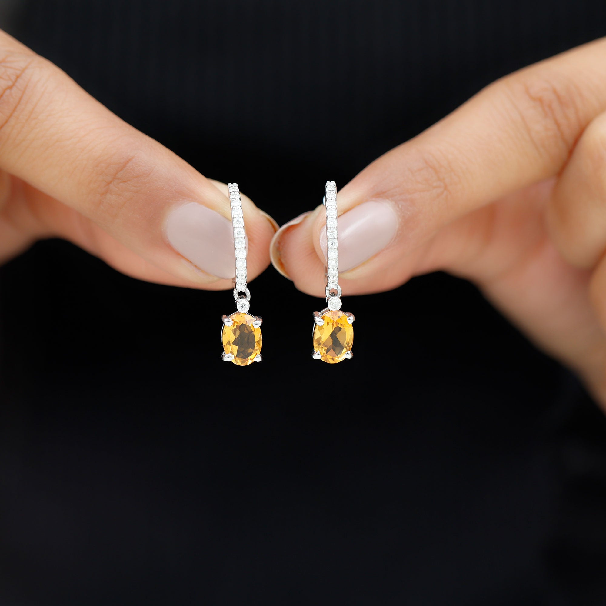 Oval Shape Citrine Hoop Drop Earrings with Diamond