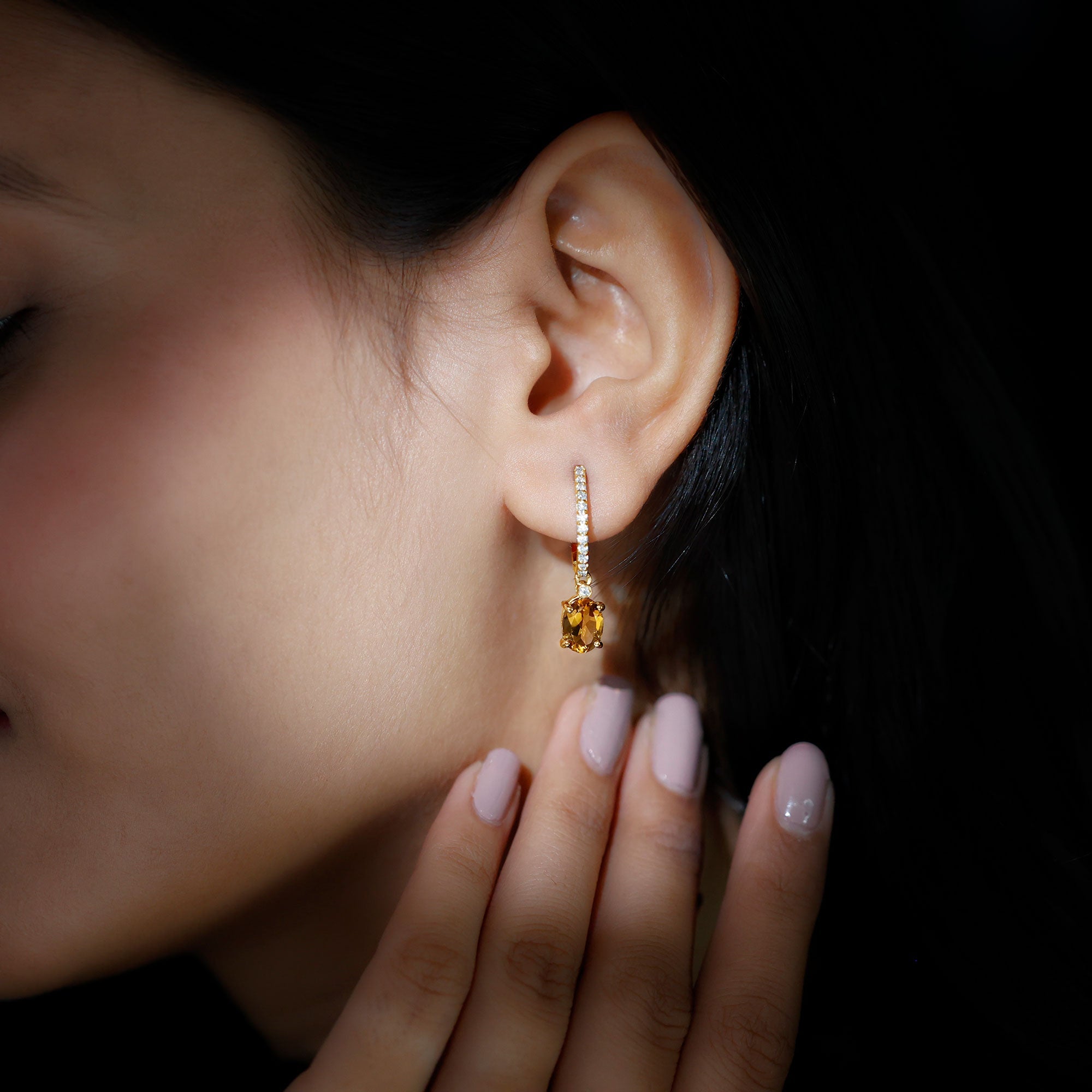 Oval Shape Citrine Hoop Drop Earrings with Diamond