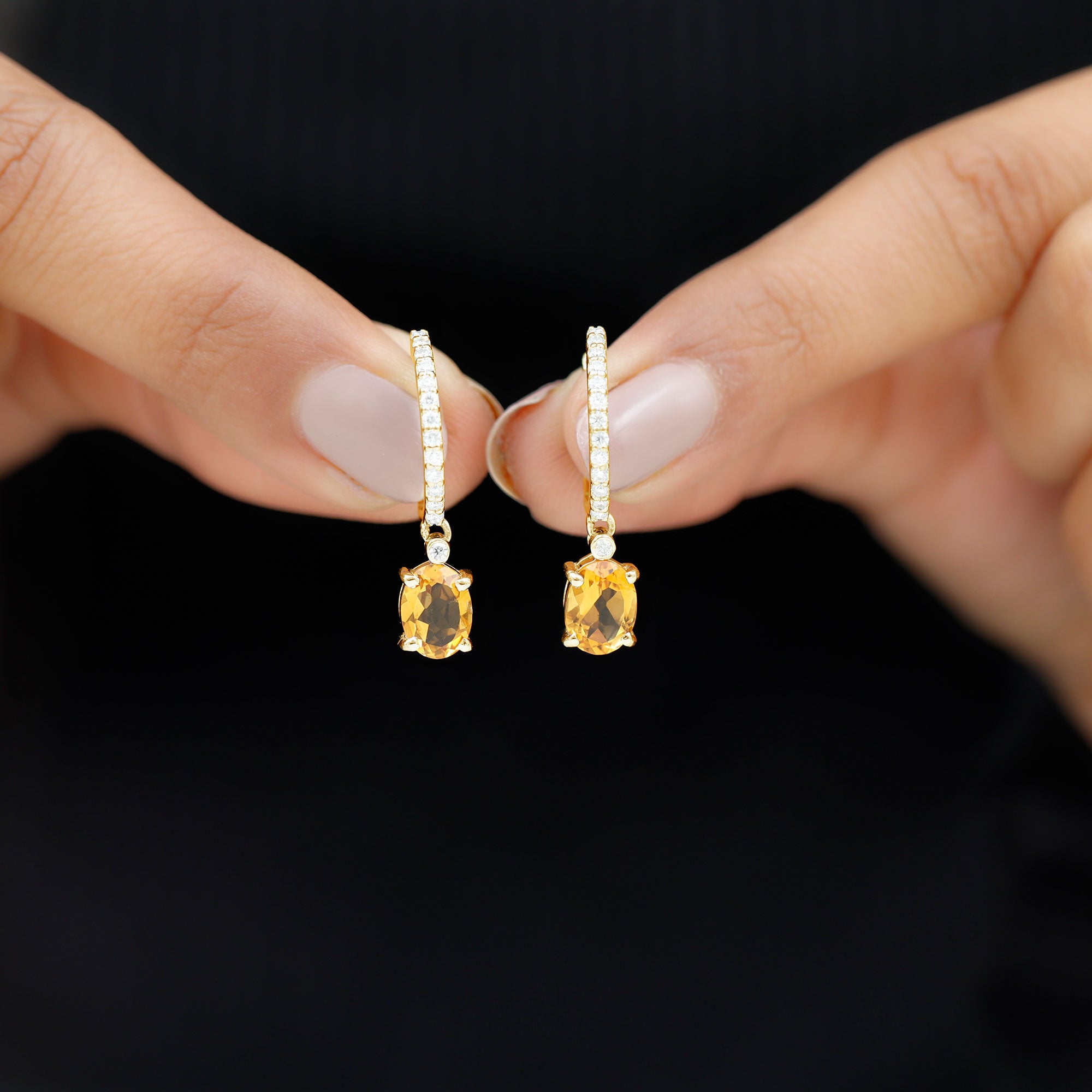 Oval Shape Citrine Hoop Drop Earrings with Diamond