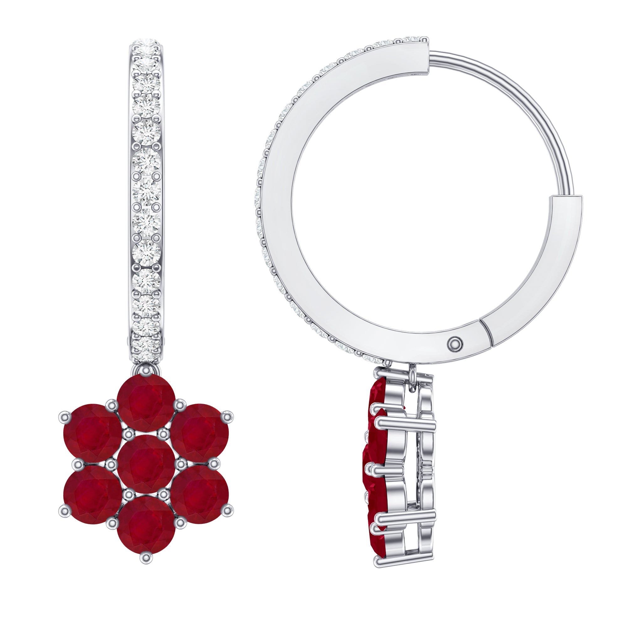 Certified Ruby Flower Drop Earrings with Moissanite Hoop