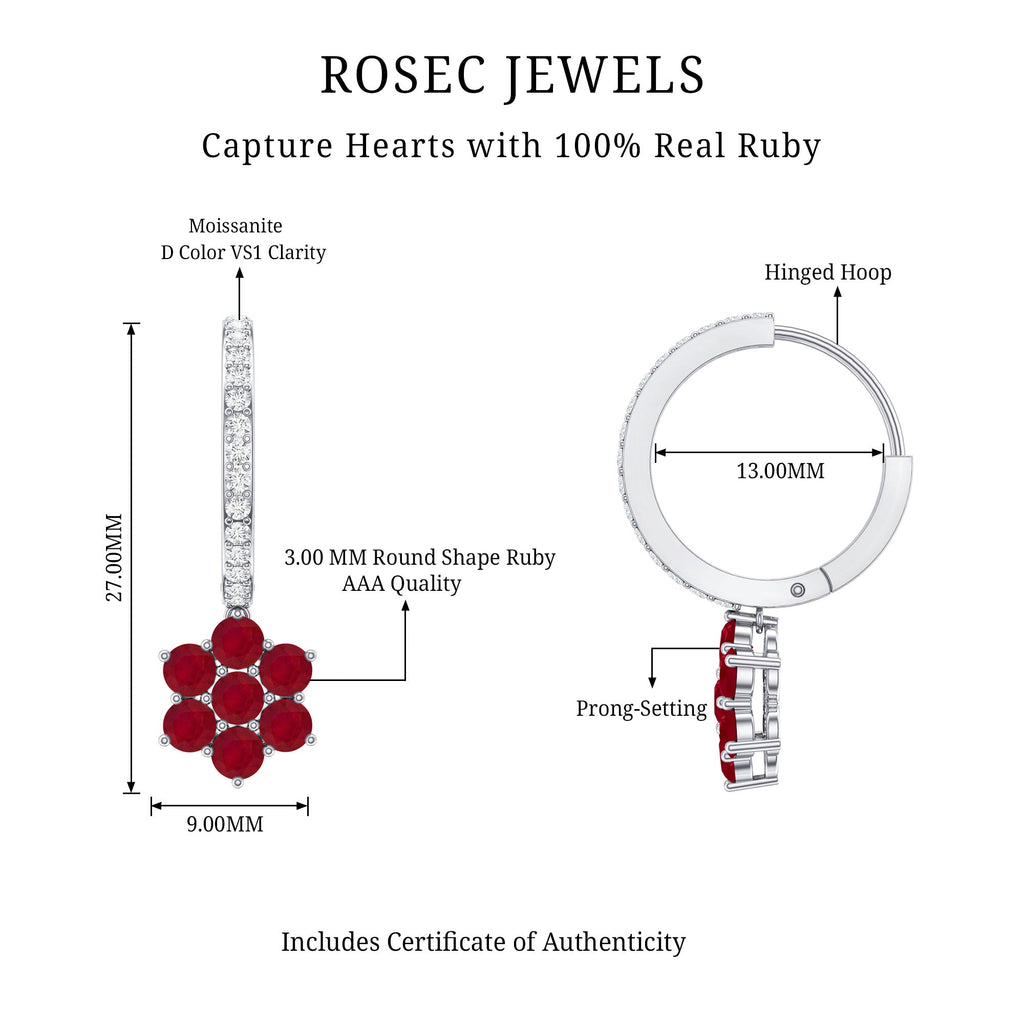 Certified Ruby Flower Drop Earrings with Moissanite Hoop