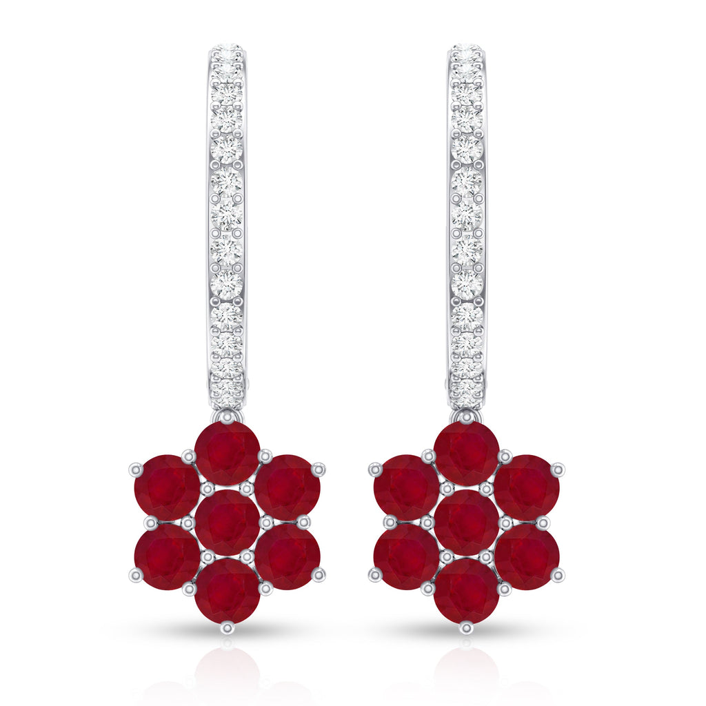 Certified Ruby Flower Drop Earrings with Moissanite Hoop
