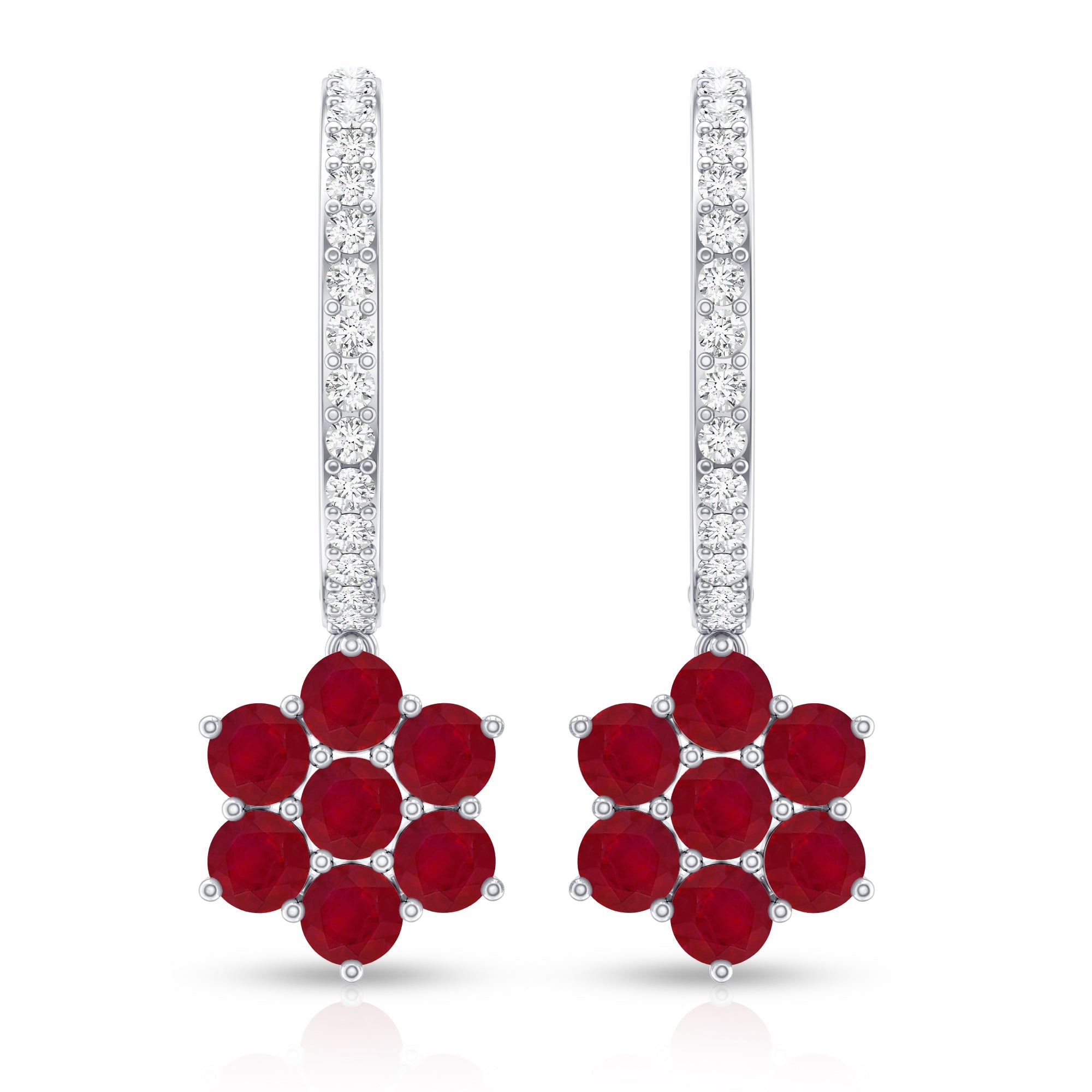Certified Ruby Flower Drop Earrings with Moissanite Hoop