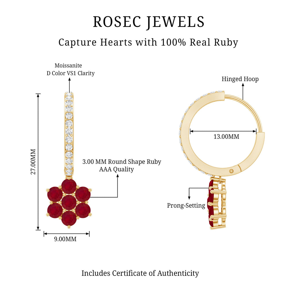 Certified Ruby Flower Drop Earrings with Moissanite Hoop