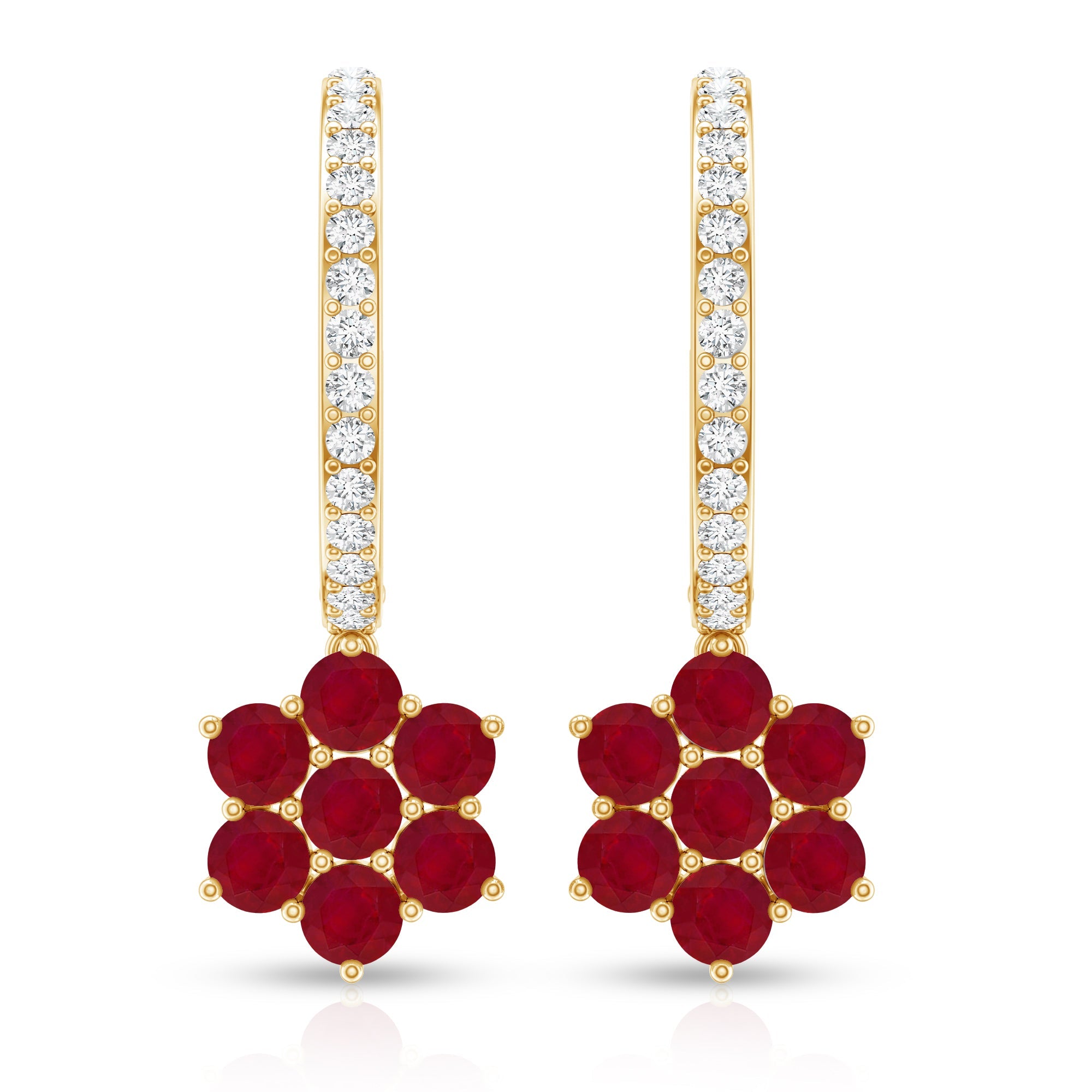 Certified Ruby Flower Drop Earrings with Moissanite Hoop