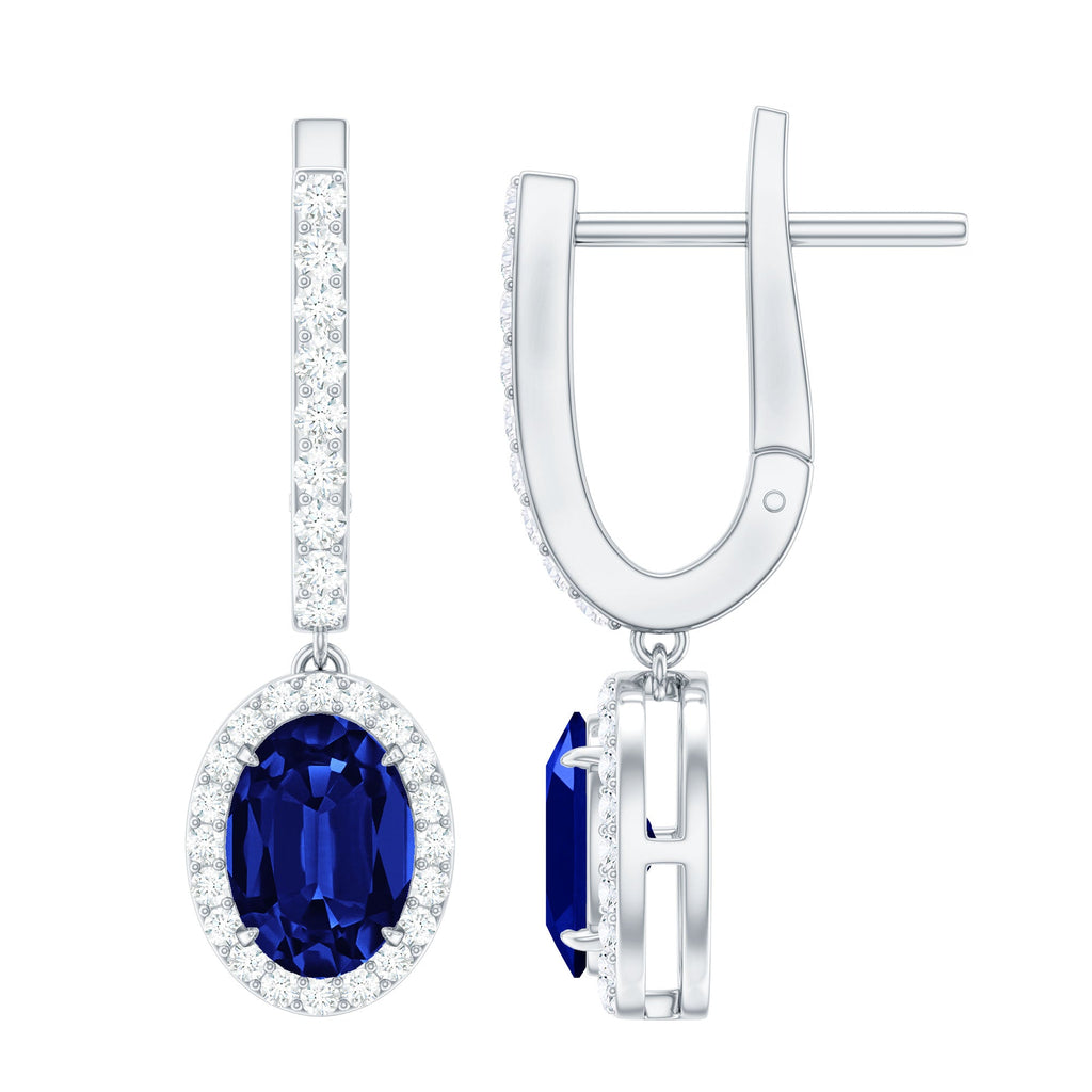 Lab Grown Blue Sapphire Hoop Drop Earrings with Moissanite Halo