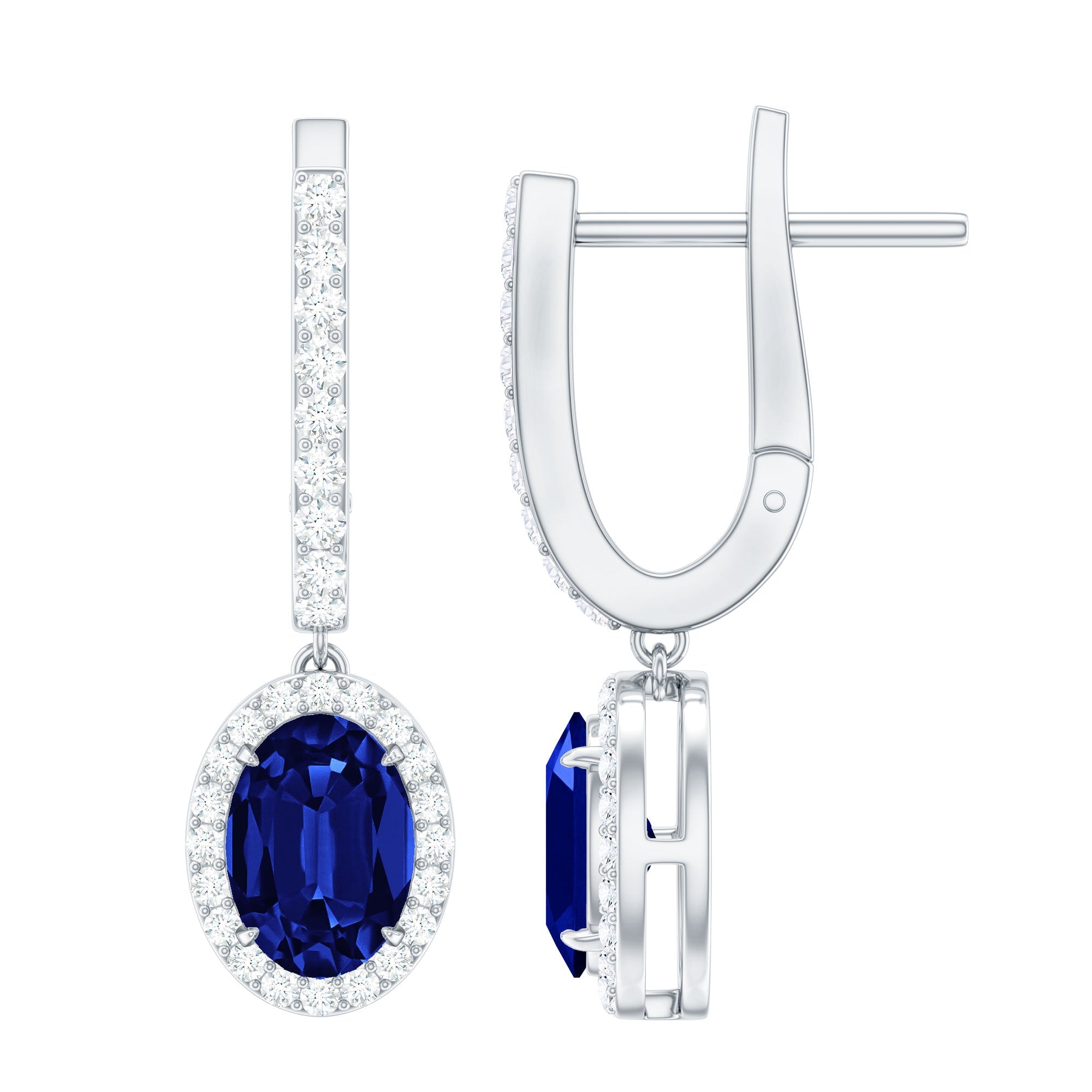 Lab Grown Blue Sapphire Hoop Drop Earrings with Moissanite Halo