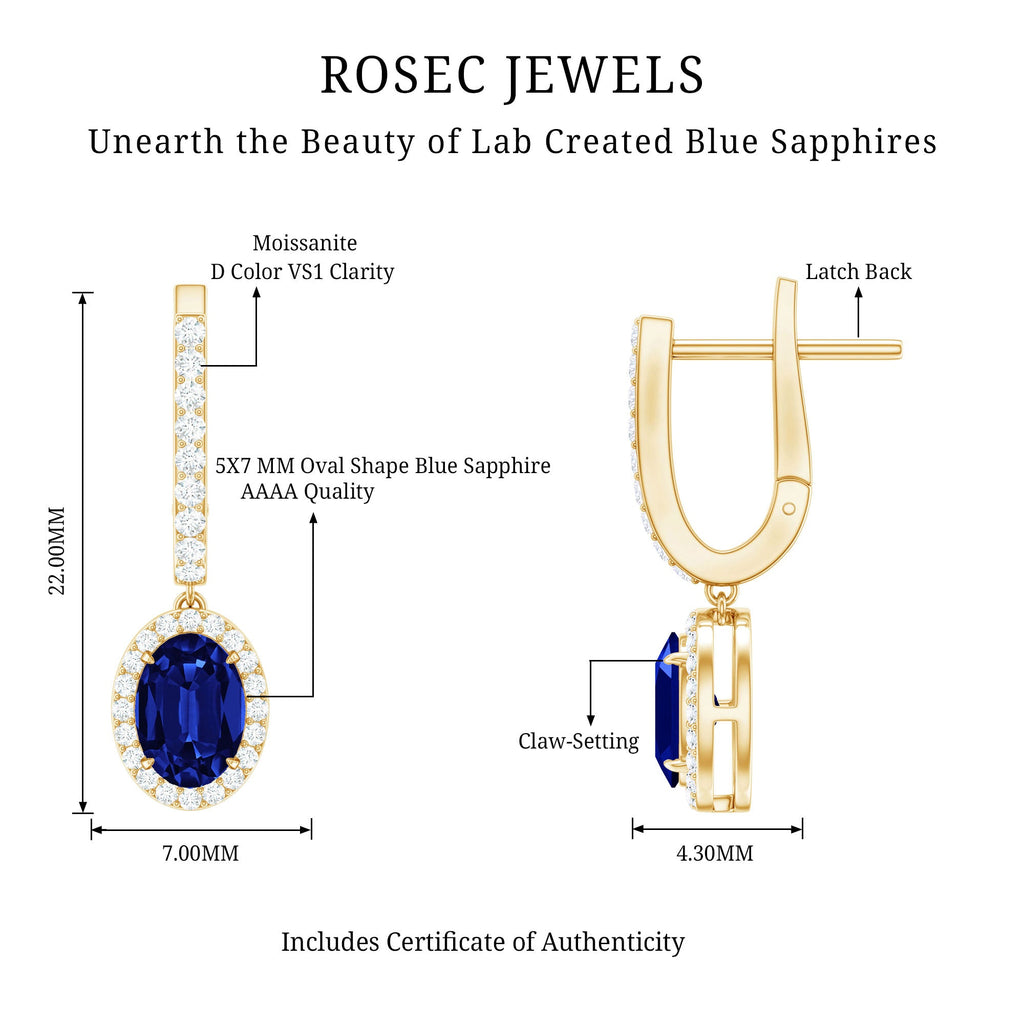 Lab Grown Blue Sapphire Hoop Drop Earrings with Moissanite Halo