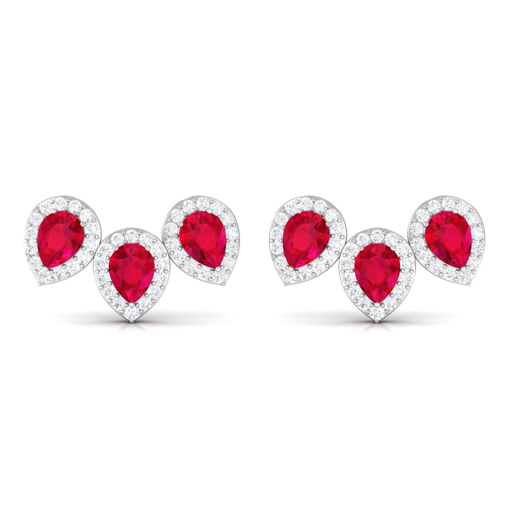 1.75 CT Created Ruby and Diamond Halo 3 Stone Earrings