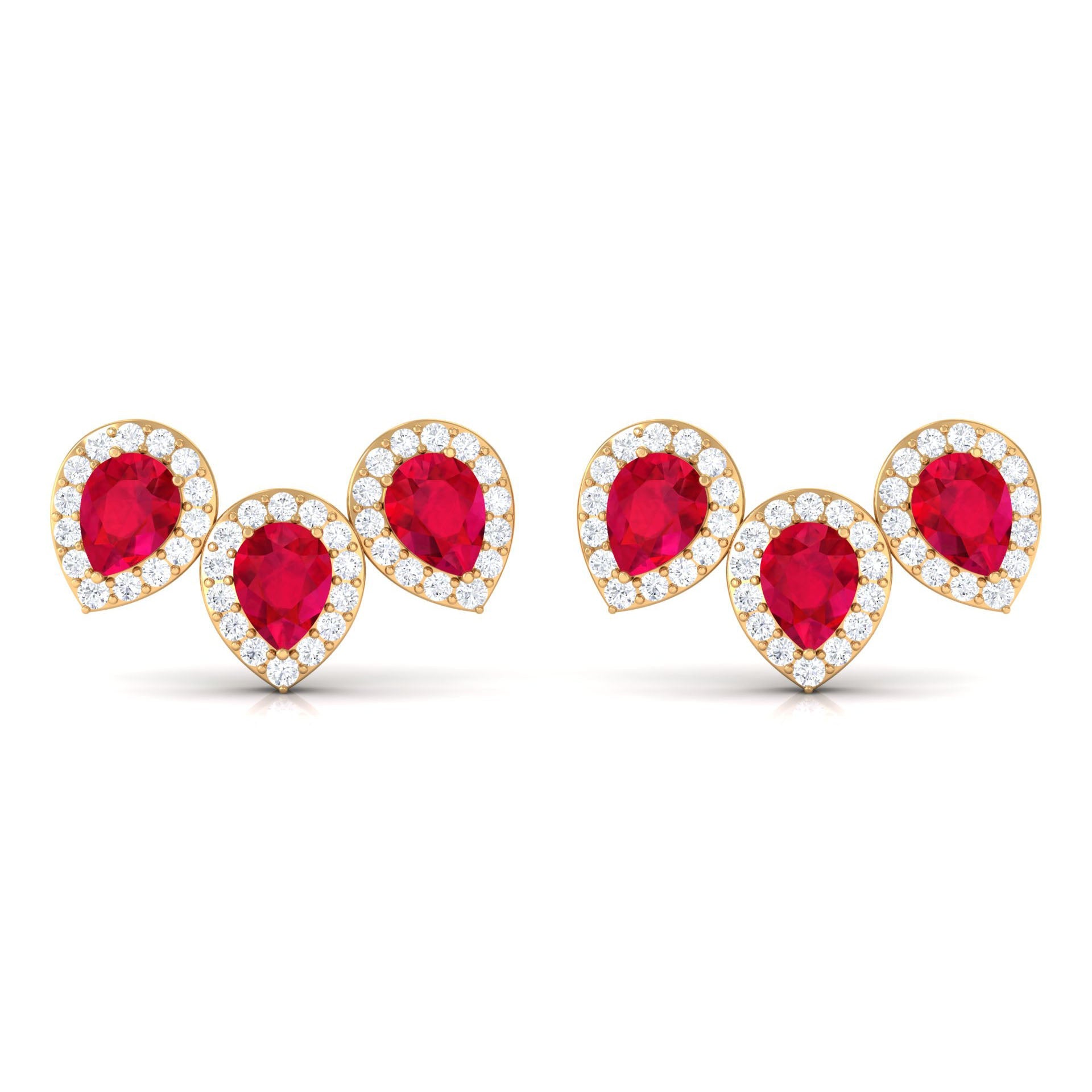 1.75 CT Created Ruby and Diamond Halo 3 Stone Earrings