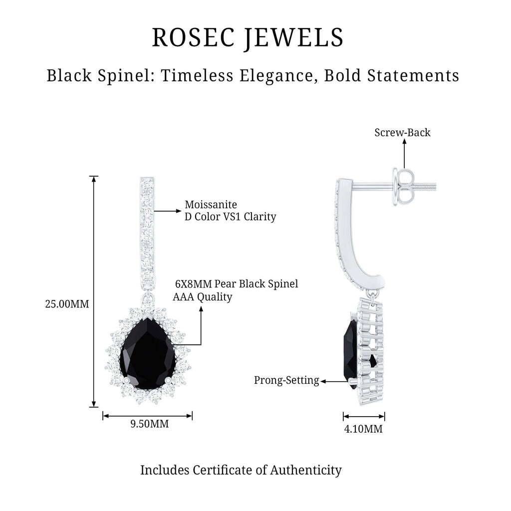 Natural 6X8mm Black Spinel Teardrop Earrings with Moissanite Halo