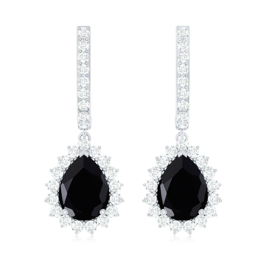 Natural 6X8mm Black Spinel Teardrop Earrings with Moissanite Halo