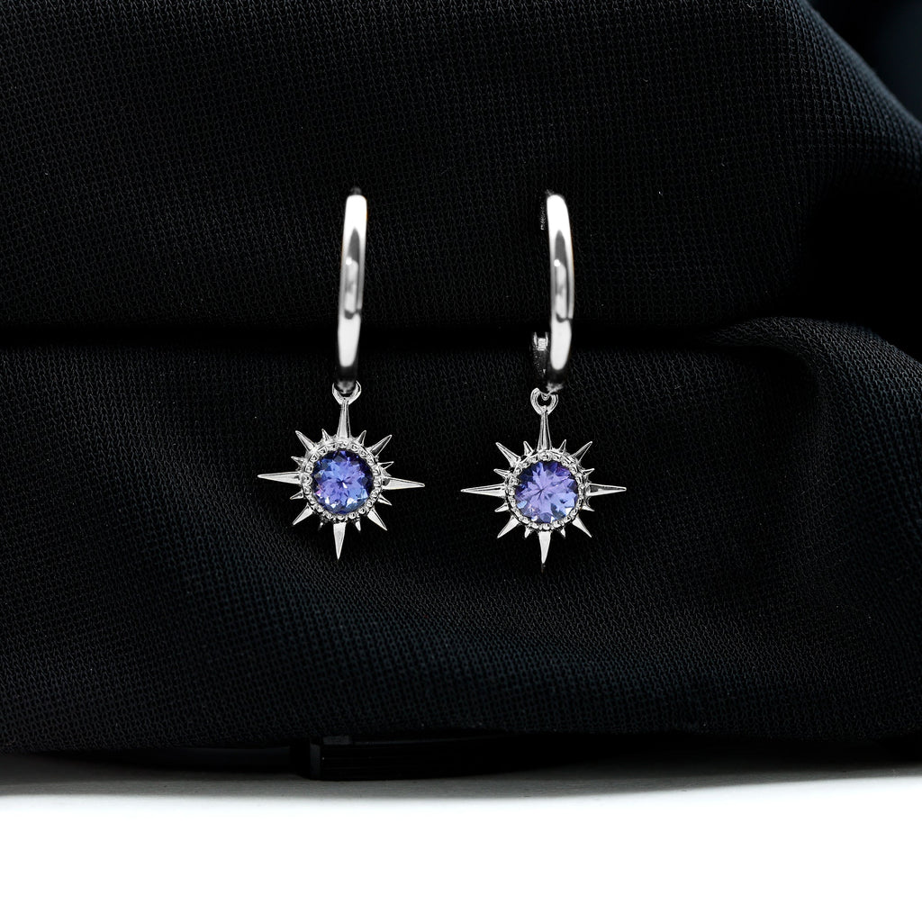 Real Tanzanite Sunburst Hoop Drop Earrings